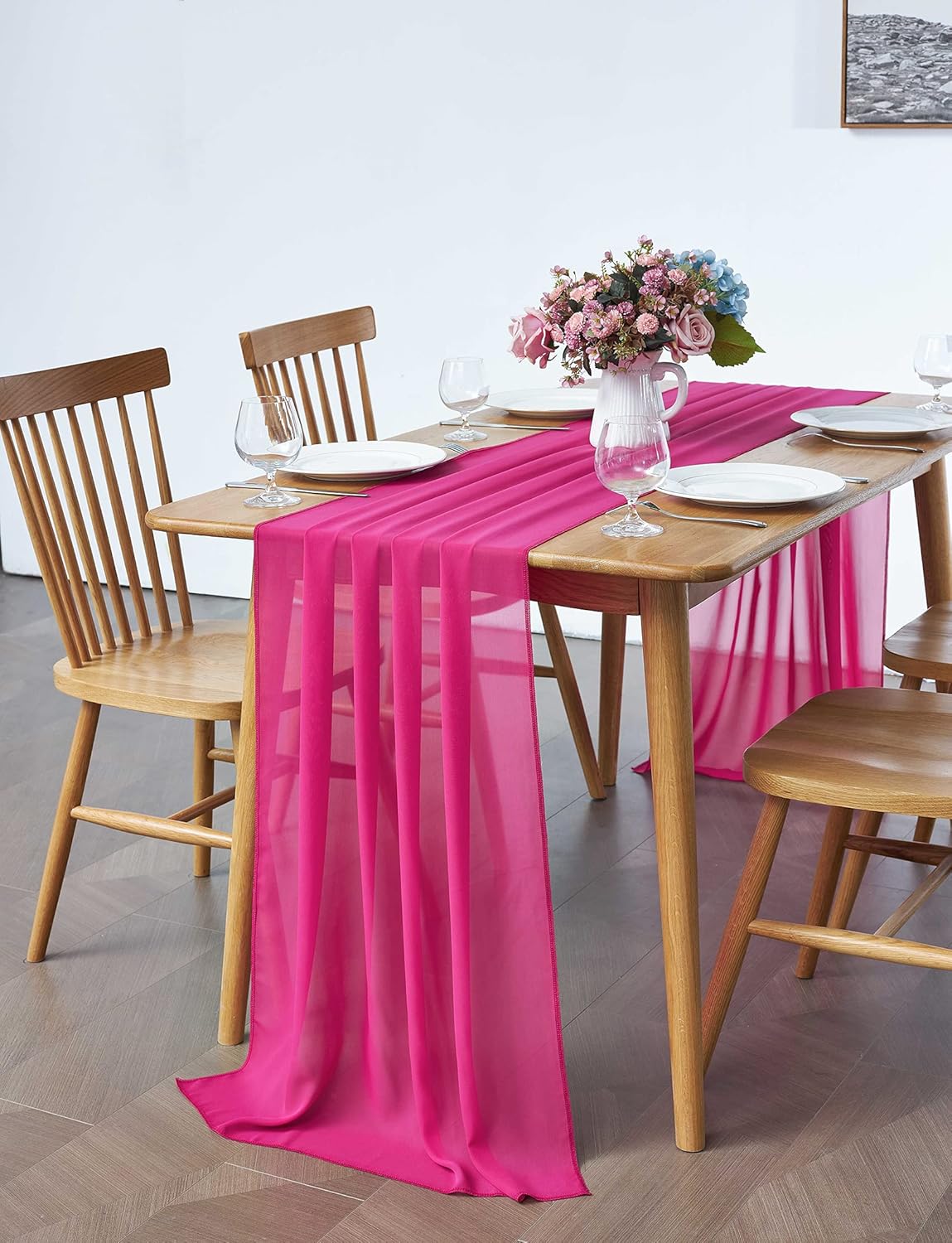 2 Pack 10Ft Fuchsia Chiffon Table Runner Sheer 29x120 Inch for Romantic Wedding Decor Bridal & Baby Shower Birthday Rustic Party Decoration