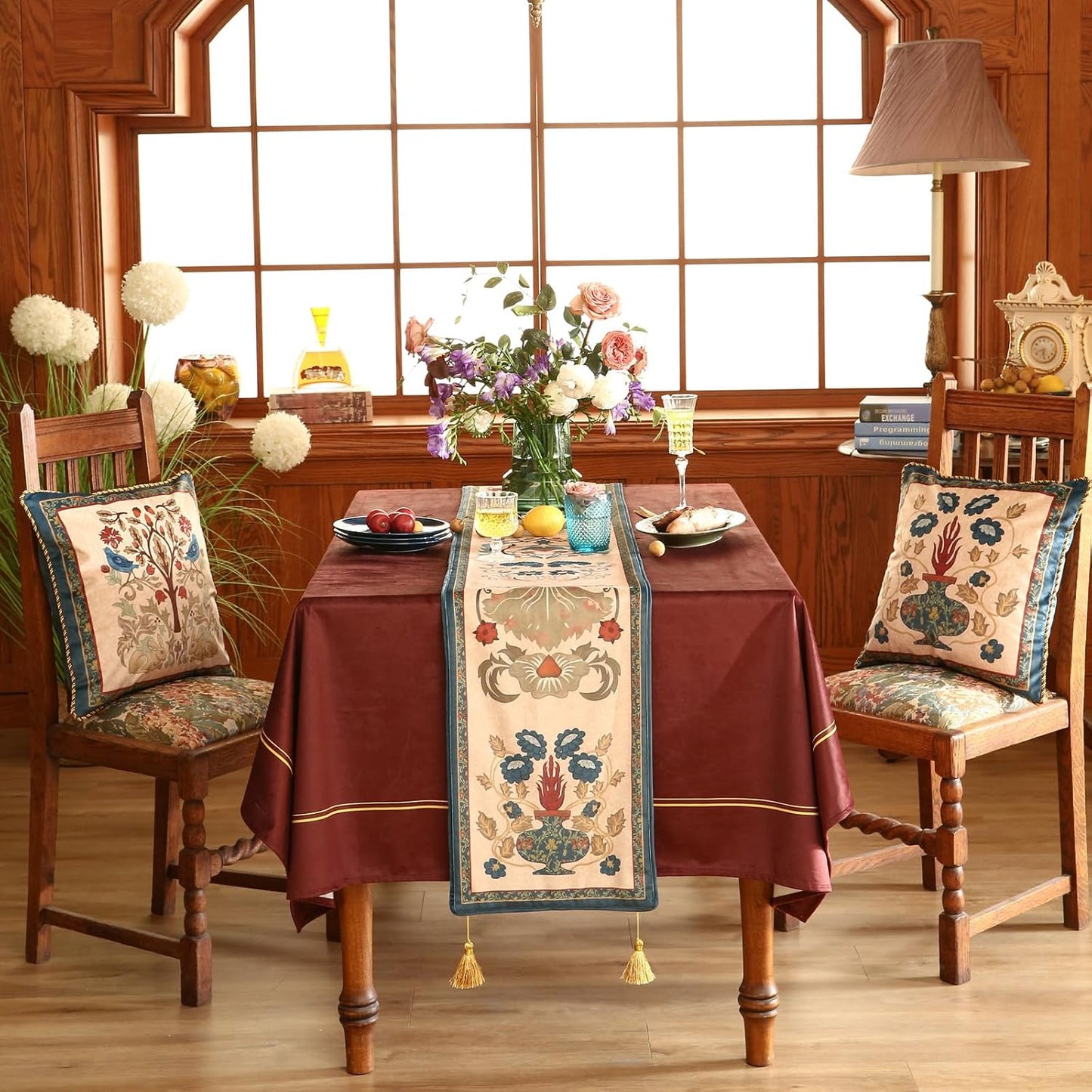 patdrea Designer Casual Wild Floral Velvet Table Runner 102 Inch Long, Brown Occult Bouquets Pattern Table Mat, Decoration for Kitchen Dining Coffee Table Cabinet Banquet Thanksgiving,12"*102"