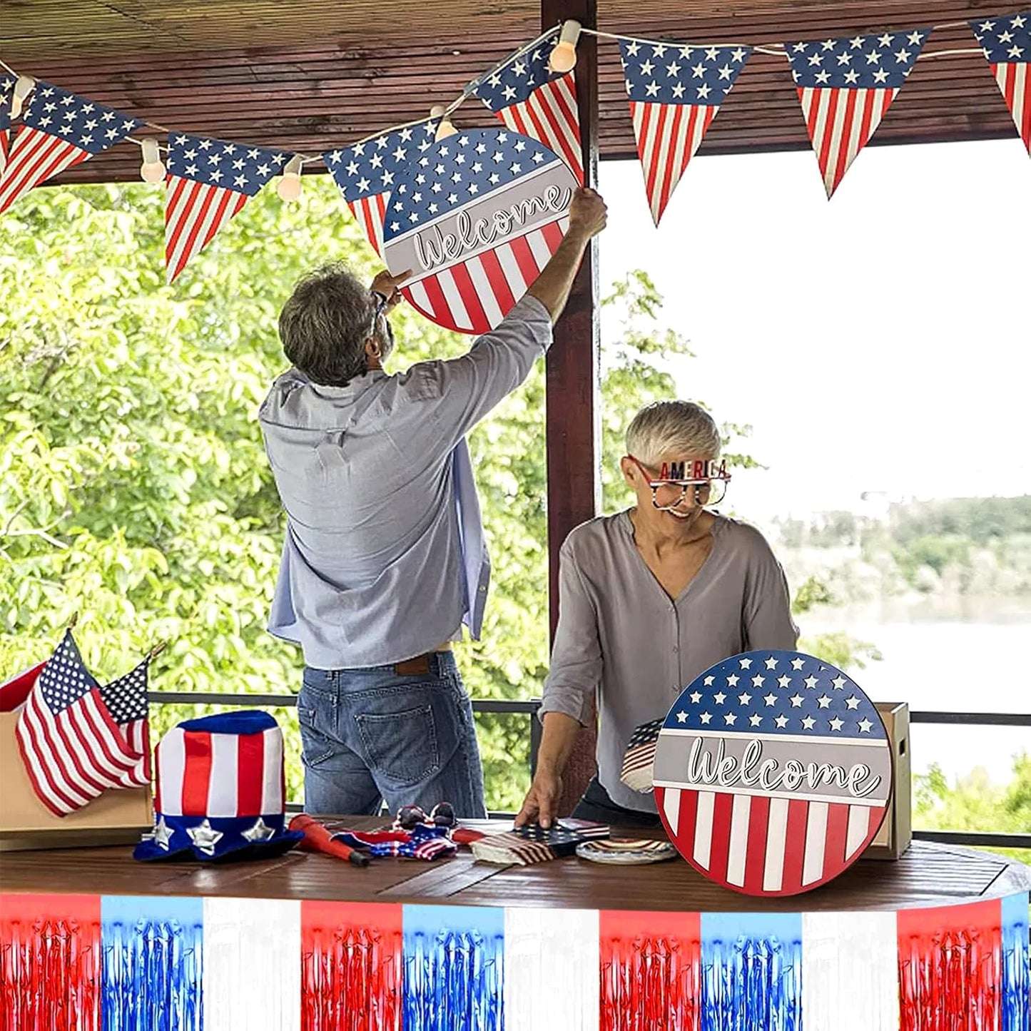 4 Pack 29x108 Inch Metallic Foil Fringe Tinsel Table Skirts for Rectangle Tables Streamer Backdrop for Wedding, Birthday, Parade Floats, Christmas, Halloween Party Decoration(White Blue Red)