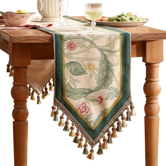 patdrea Designer Green Floral Extra Long Table Runner,French Elegant Vibrant Rustic Linen with Green Leaves Patterns Fabric Table Mat,Decoration for Kitchen Dining Room Banquet Christmas,12"*118"