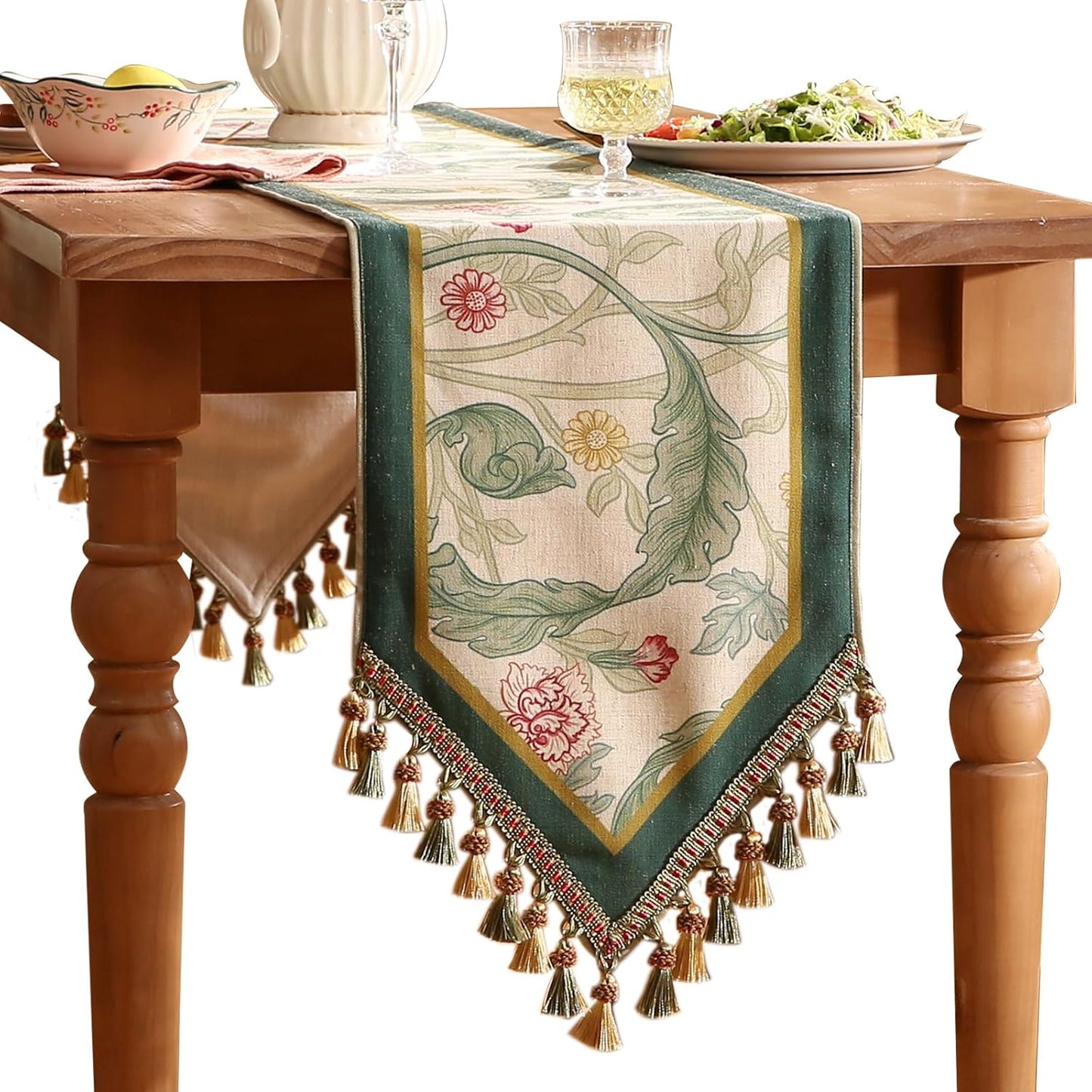 patdrea Designer Green Floral Table Runner,French Elegant Vibrant Rustic Linen with Green Leaves Patterns Fabric Table Mat,Decoration for Kitchen Dining Room Banquet Christmas ,12"*71"