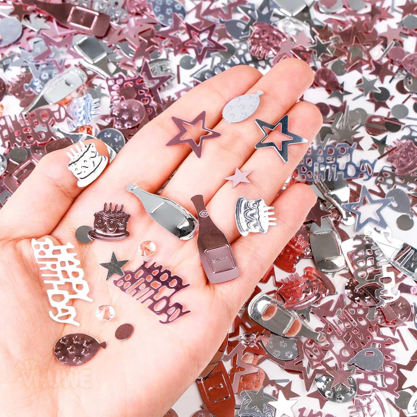 VHUWE Happy Birthday Confetti, 1.6 oz Rose Gold Silver Cake Balloon Star Goblet Bottle Glitter Confetti for Happy Birthday Party Decorations Boys Girls Kids Women Men Birthday Table Decorations