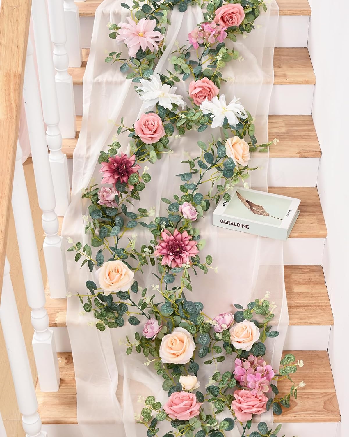 Waipfaru 8.85Ft Flower Garland, Eucalyptus Greenery Garland with Flowers, Pink Rose Floral Vines for Wedding Reception Table Mantle Room Spring Summer Decor (Pink)