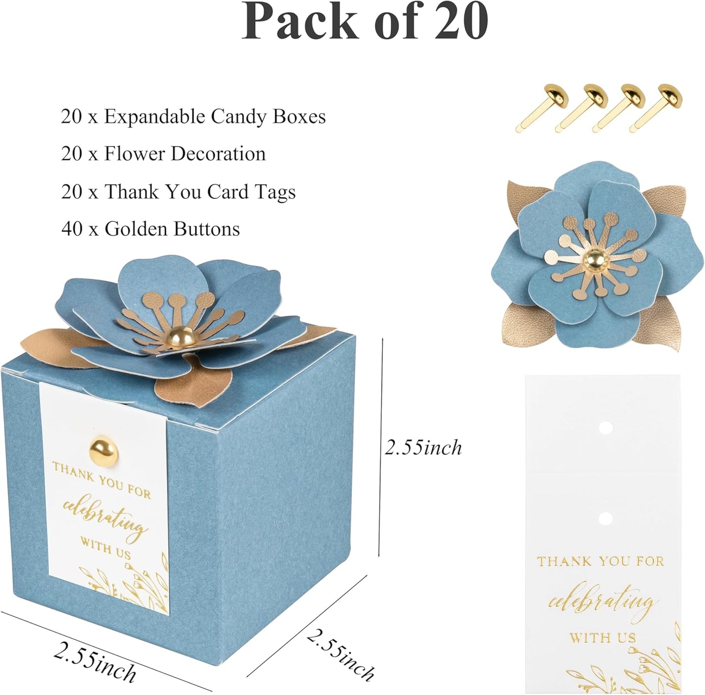 FEIYI 20 PCS Favor Boxes, 3 In 1 Dusty Blue Candy Boxes with Floral Decor, White Thank You Tags Gold Foil Print Gift wrapping for Wedding, Baby Shower, Birthday, Decorations Party - 2.55x2.55x2.55