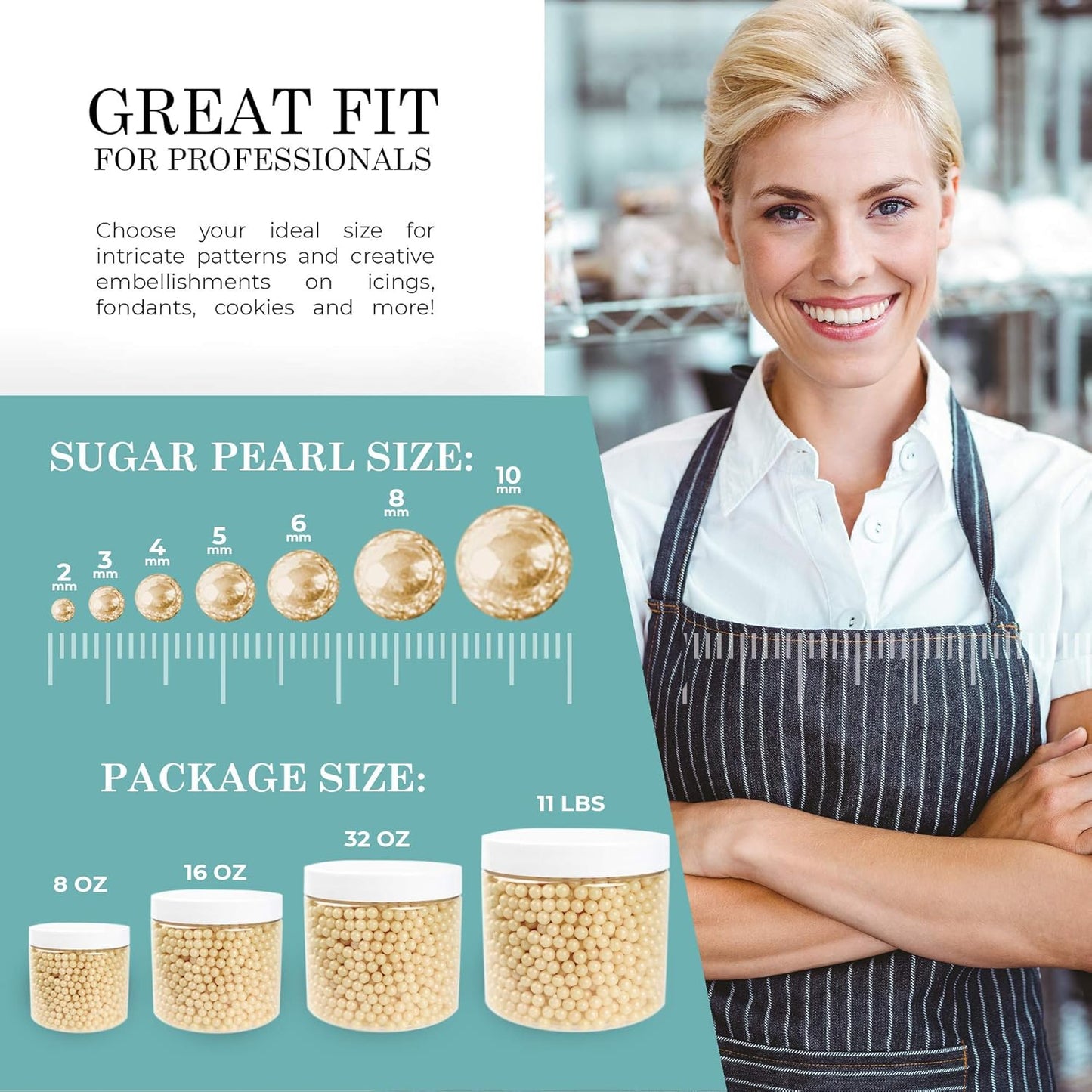 O'Creme Ivory Edible Sugar Pearls Cake Decorating Supplies for Bakers: Cookie, Cupcake & Icing Toppings, Beads Sprinkles For Baking, Certified, Candy Sugar Ball Accents (6mm, 32 Oz)