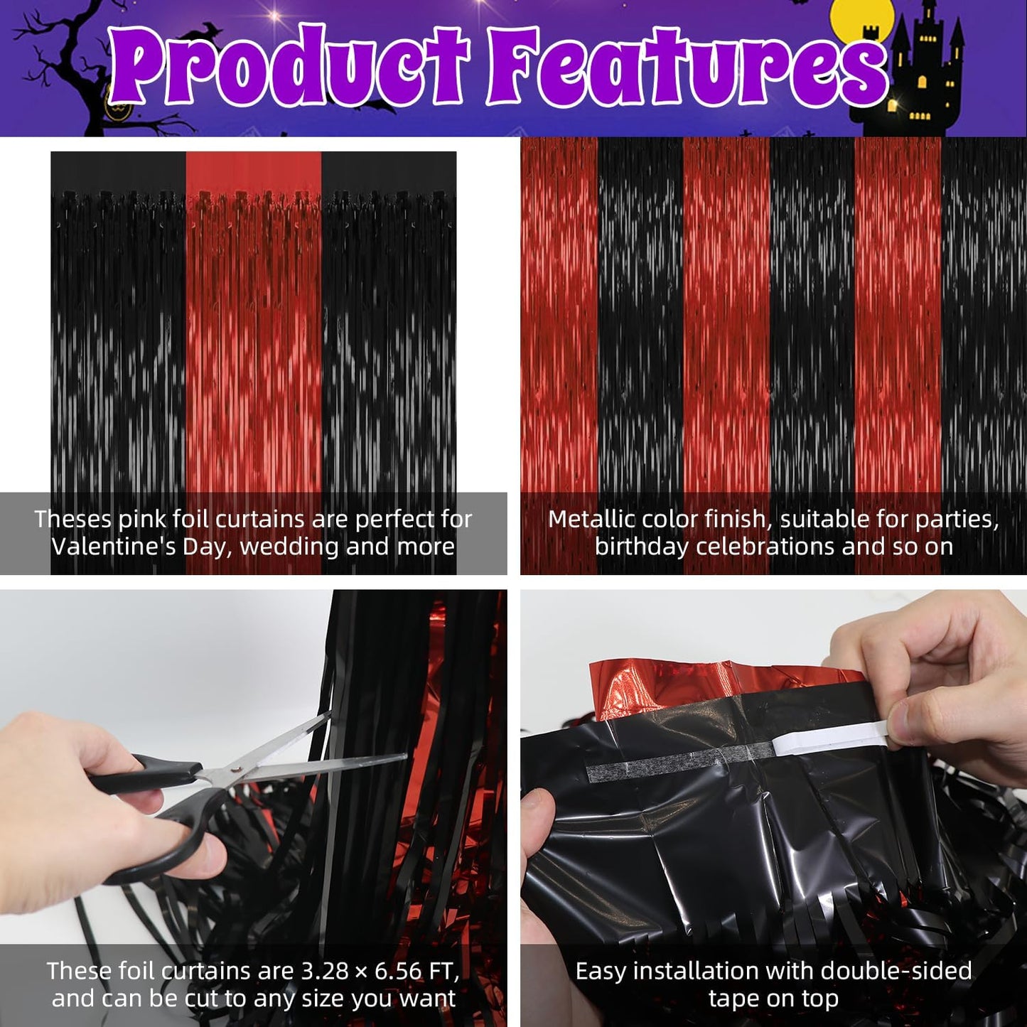 2 Pack Backdrop Curtains,3.28 Ft x 6.56 FT Red Black Halloween Backdrop,Metallic Party Streamer Tinsel Backdrop,Foil Curtains Backdrops Halloween Decorations Party Supplies