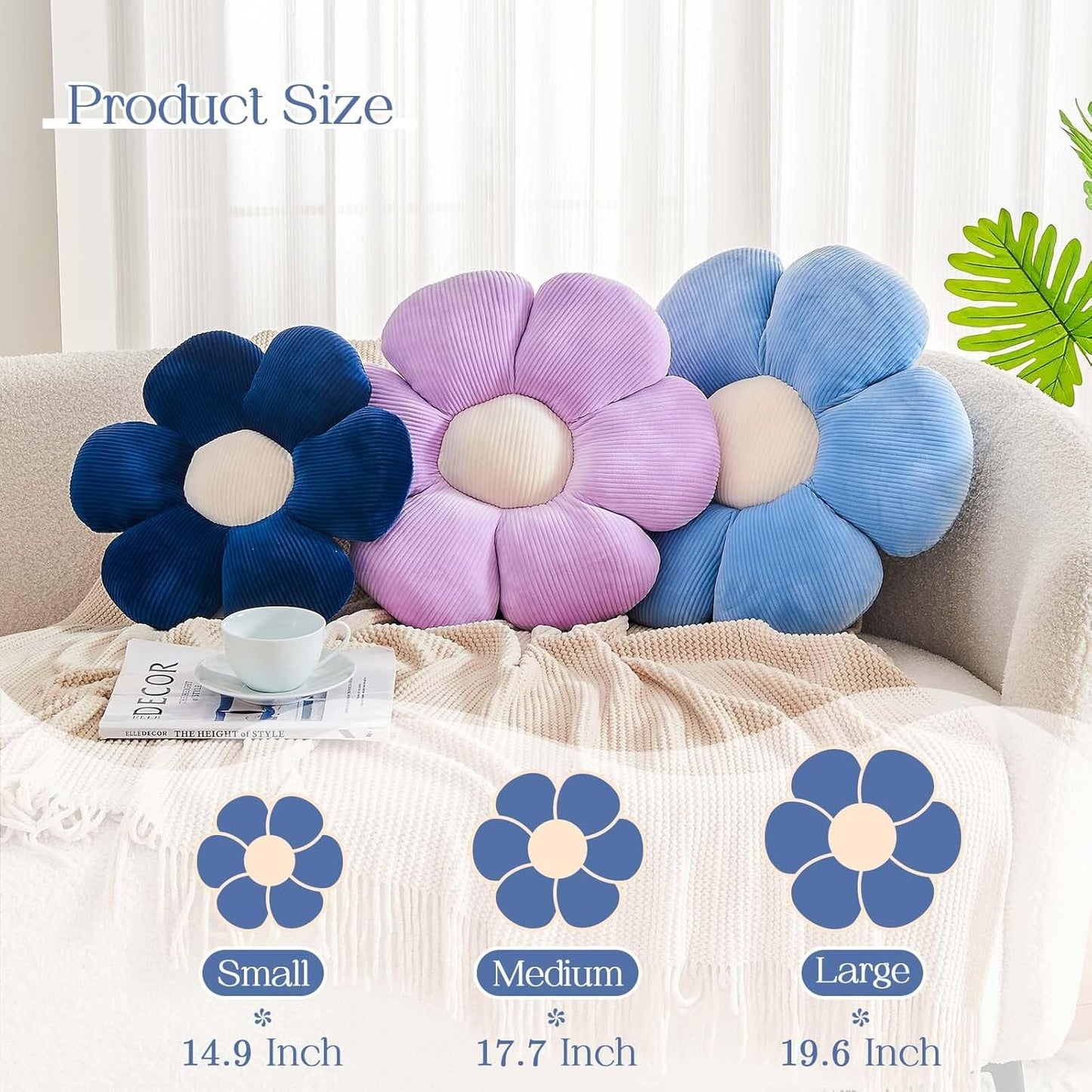 Dusty Blue Flower Pillow, 17.7" Cute Flower Shaped Floor Pillow, Aesthetic Floral Plush Daisy Decorative Throw Pillows for Bed Sofa Couch