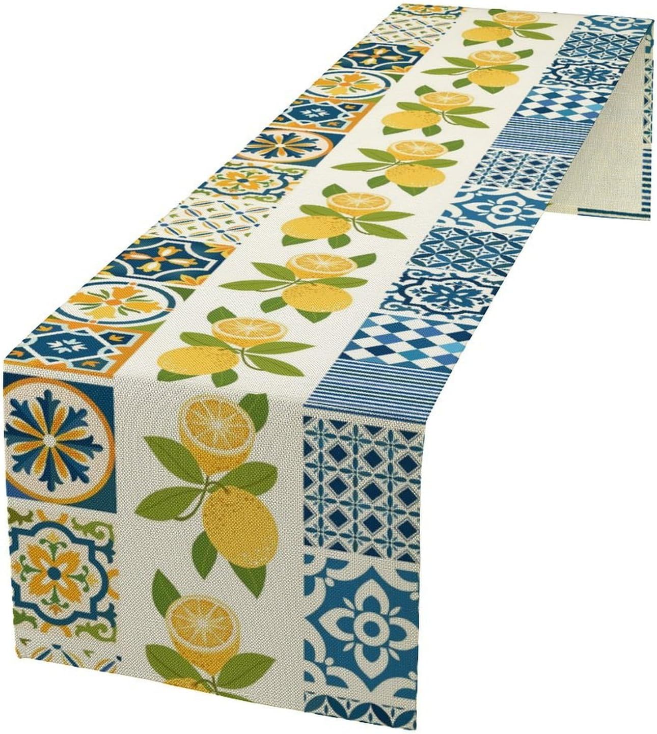 Lemon Table Runner,Watercolor Blue Fruits Green Leaves Print Table Cloth Kitchen Dining Table Home Party Decoration 13x60 Inch