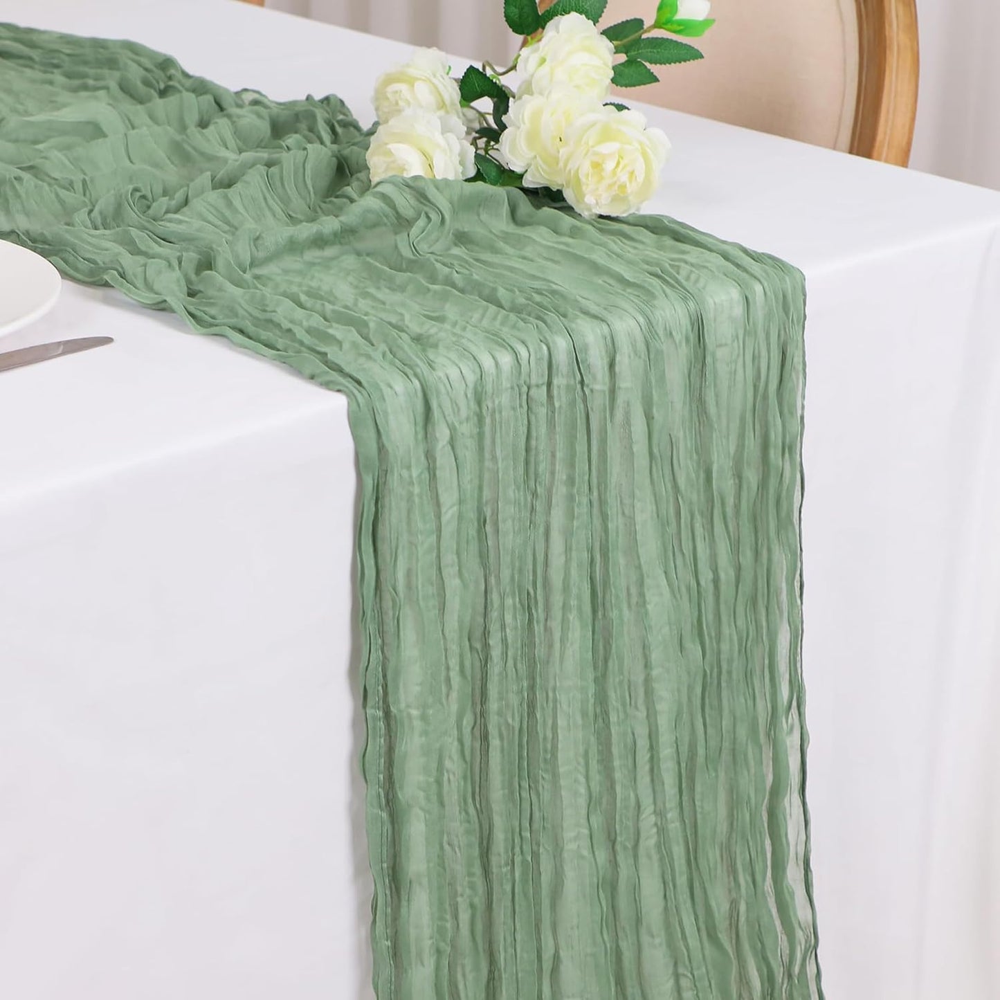 Snowkingdom Sage Green Cheesecloth Table Runner, 160 Inch 13 Ft Rustic Boho Sheer Gauze Cheese Cloth Runner for Wedding Bridal Baby Shower Birthday Home Party Table Centerpiece Deocrations