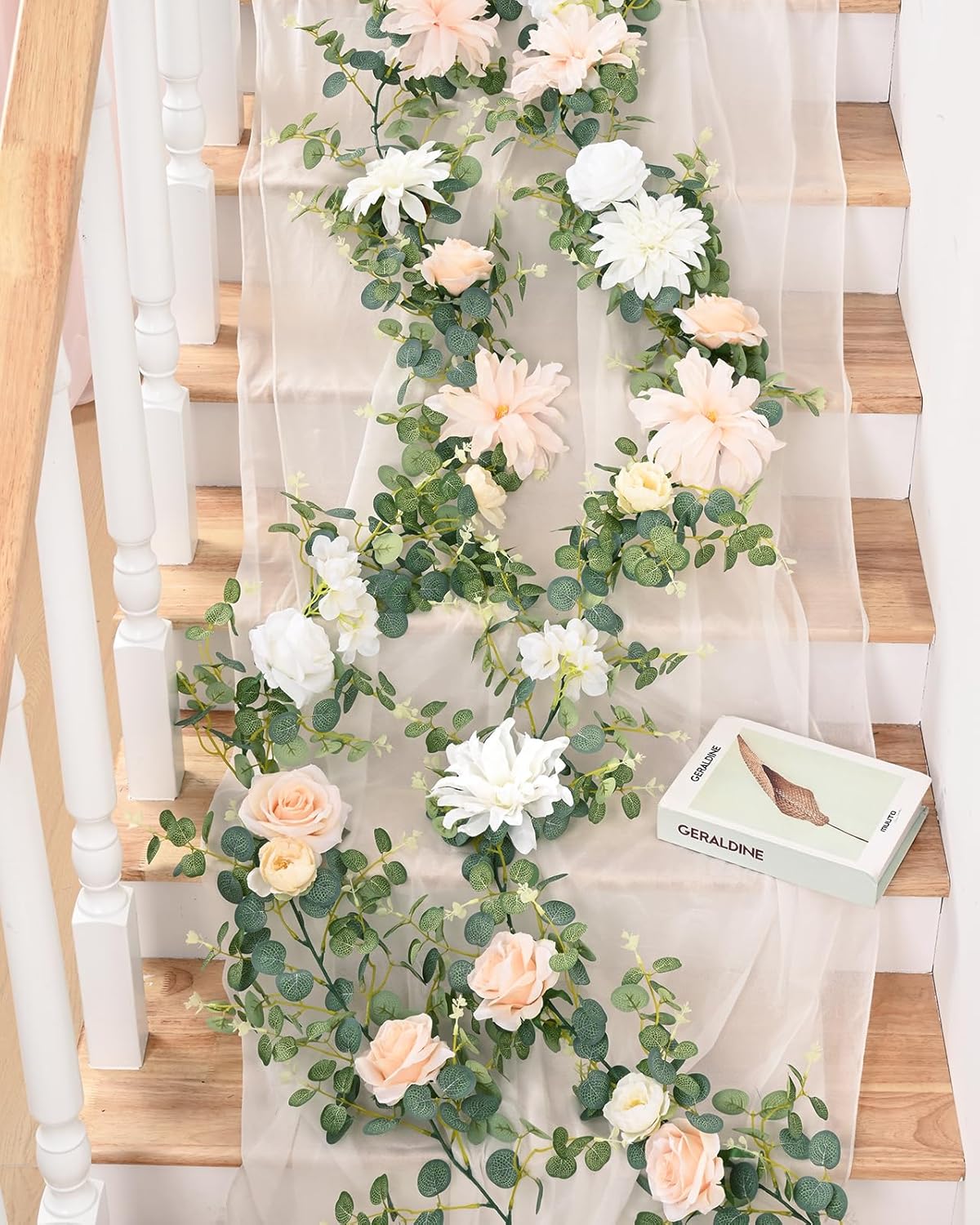 Waipfaru 2Pcs 6.07Ft Eucalyptus Greenery Garland with Flowers, Dusty Blue and White Rose Flower Vines for Wedding Table Runner Centerpieces Backdrop Room Decor