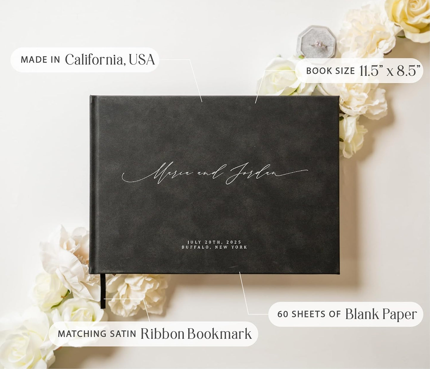 MUUJEE Personalized Guestbook in Charcoal - Premium Custom Modern Guest Book for Wedding Reception, Birthday Party or Events w/Bookmark Blank Pages for Signing 11.5 x 8.5 inches