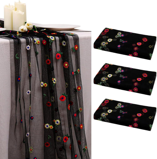 BINBE 3pcs Black Daisy Fall Table Runner Embroidery Gauze 10FT Florals Seasonal Tulle Holiday Birthday Kitchen Dining Table Decor for Home Party