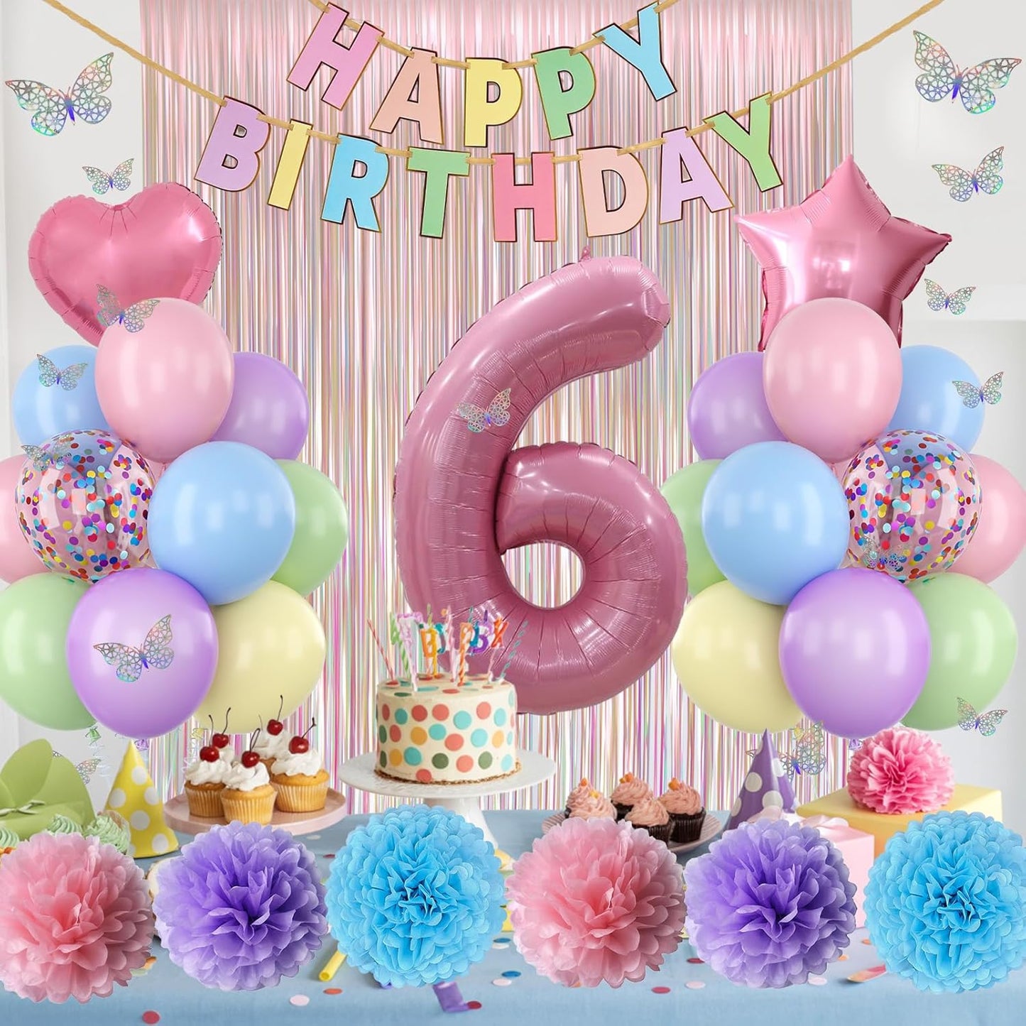 Pastel 6th Birthday Party Decorations for Girls Number 6 Balloon Happy Birthday Banner Butterfly Stickers Fringe Curtain Paper Pom Poms Macaron Pink Star Heart Foil Colorful Balloons 6 Year Old Decor