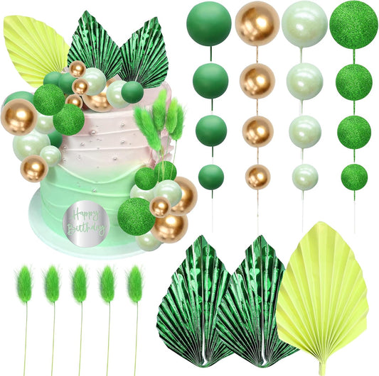 Ephlyn 33 Pack Balls Cake Toppers Boho Palm Leaves Cake Decorations Round Acrylic Happy Birthday Cupcake Toppers for Birthday Wedding Baby Shower Party Supplies Green