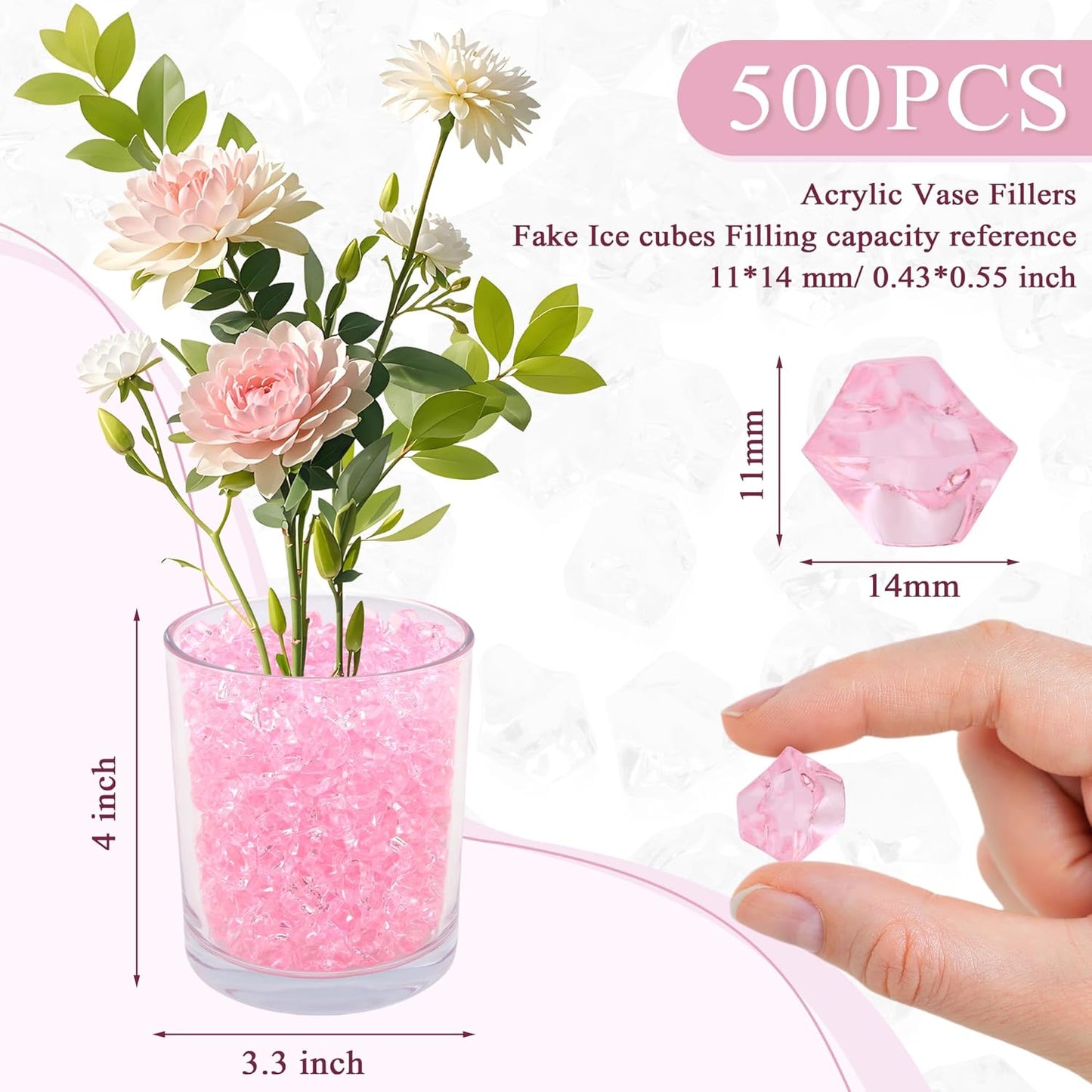 YATOJUZI 500pcs Fake Ice Cubes Pink Acrylic Crushed Rocks Vase Fillers Plastic Diamonds Gems for DIY Party Wedding Centerpiece Table Scatter Prop Display Decor 0.5" (Only Pink)