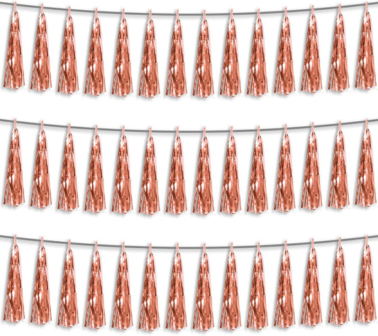 3P Rose Gold Foil Fringe Metallic Tassel Streamers Banner Tassel Garland for Parade Floats, Bachelorette, Wedding, Birthday, Halloween, Christmas, Bridal/Baby Shower Party Decorations