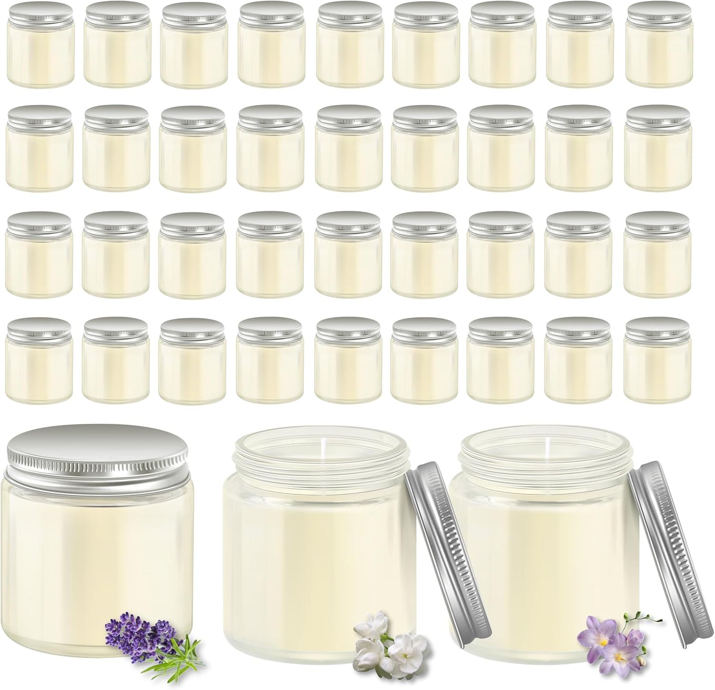 ACITHGL 36 Pcs 4oz Mini Mason Jar Candles Small Scented Candles Bulk Aromatherapy Ideal Souvenir Favors for Wedding Birthday Party (Freesia, Lavender, Jasmine, Silver)