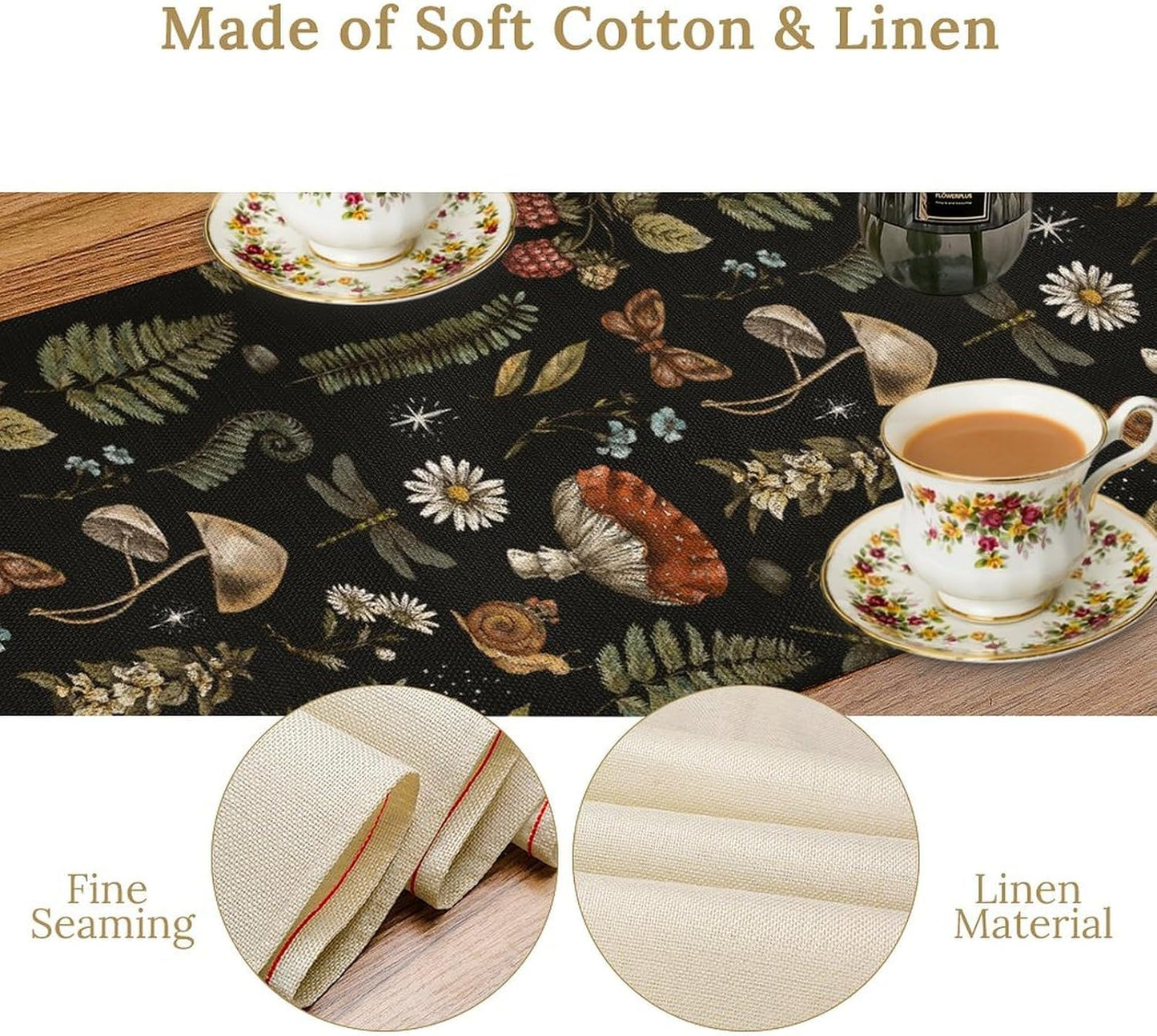 Mushroom Table Runner,Retro Forest Plant Table Runner for Kitchen Dining Table Home Party Decoration 13x60 Inch