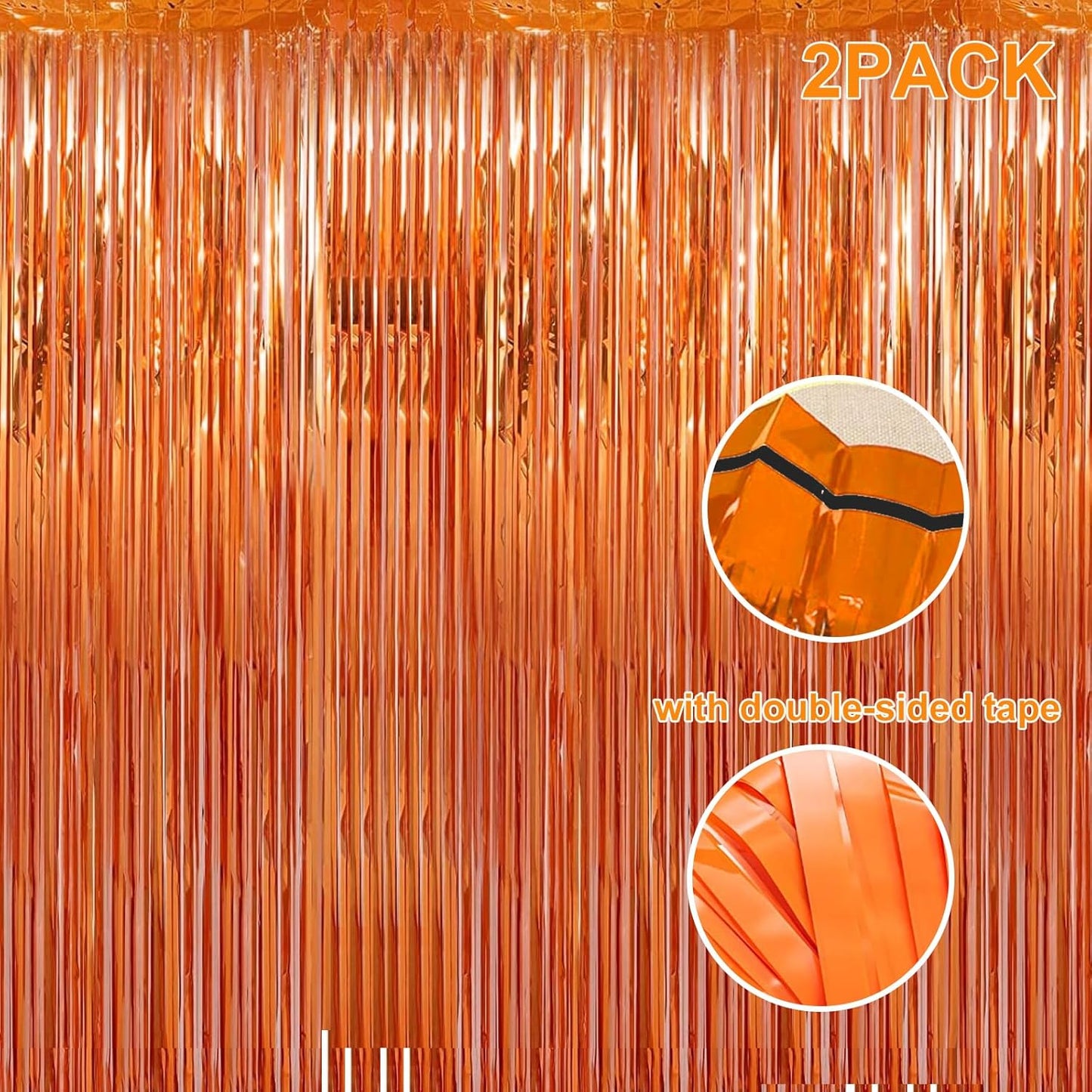 2 Pack 3.28 ft x 6.56 ft Orange Tinsel Curtain Party Backdrop Decorations, Metallic Foil Fringe Backdrop Door for Halloween, Christmas, Birthday Graduation Wedding Party Streamers Photo Backdrop.