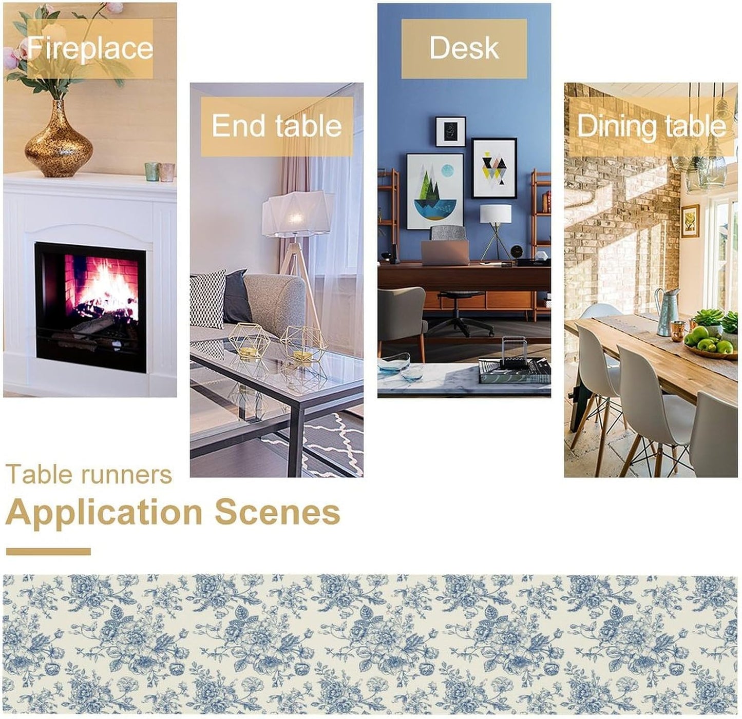 Floral Table Runner, Retro Blue Flower Chinoiserie Sketch Pattern Print Table Runner for Kitchen Dinning Table Runner Decor Home Wedding Party Holiday, 13x108 Inch