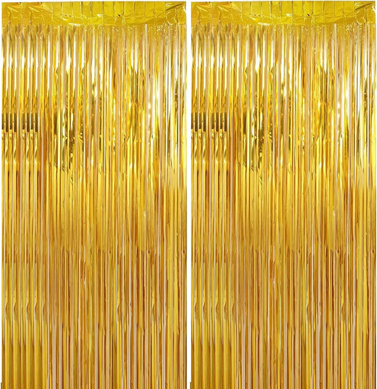 2 Pack 3.28 ft x 6.56 ft Golden Tinsel Curtain Party Backdrop Decorations, Metallic Foil Fringe Backdrop Door for Halloween, Christmas, Birthday Graduat