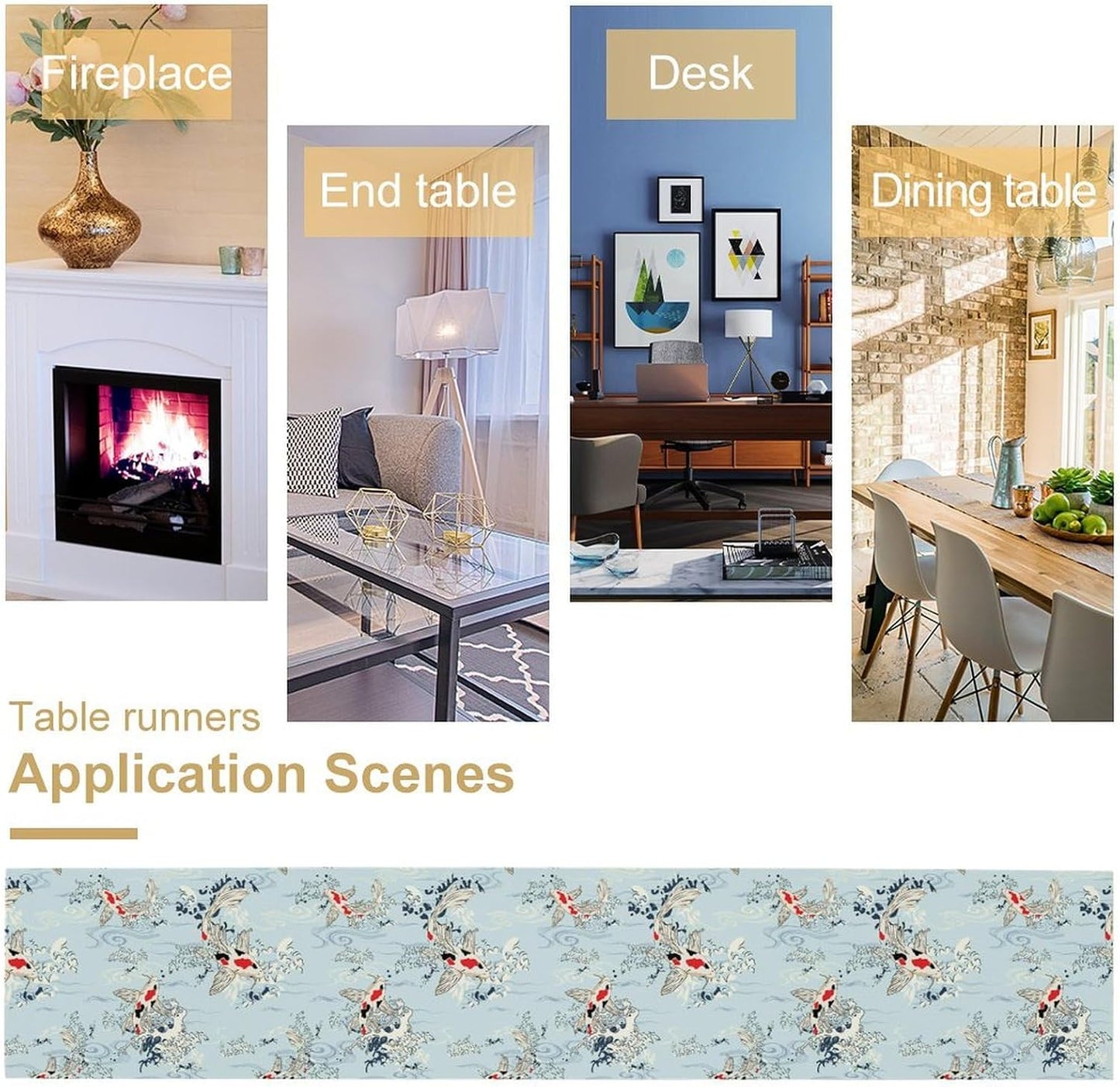 Kio Fish Table Runner Waves Retro Japanese Tradition Art Printed Burlap Runner Home Kitchen Dining Table Living Room Decor Fabric 1 Panel W13xL60in