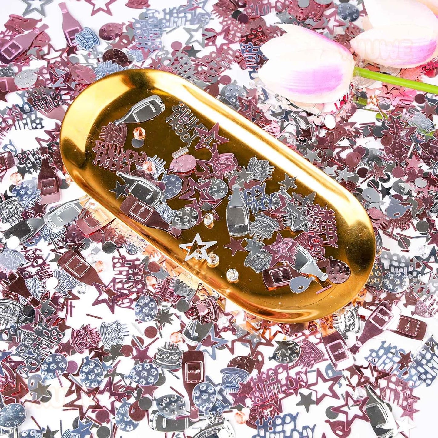 VHUWE Happy Birthday Confetti, 1.6 oz Rose Gold Silver Cake Balloon Star Goblet Bottle Glitter Confetti for Happy Birthday Party Decorations Boys Girls Kids Women Men Birthday Table Decorations