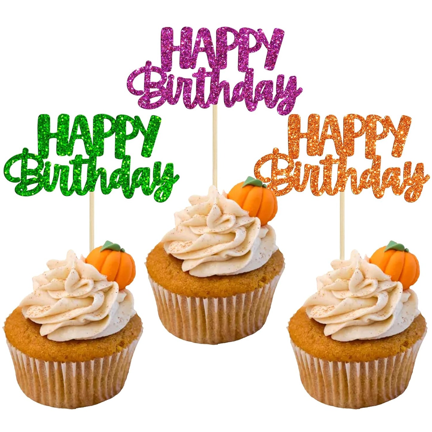Gyufise 24Pcs Happy Birthday Cupcake Toppers Glitter Birthday Cupcake Food Picks for Celebrating Happy Halloween Theme Party Cake Decorations Supplies Orange Green Purple