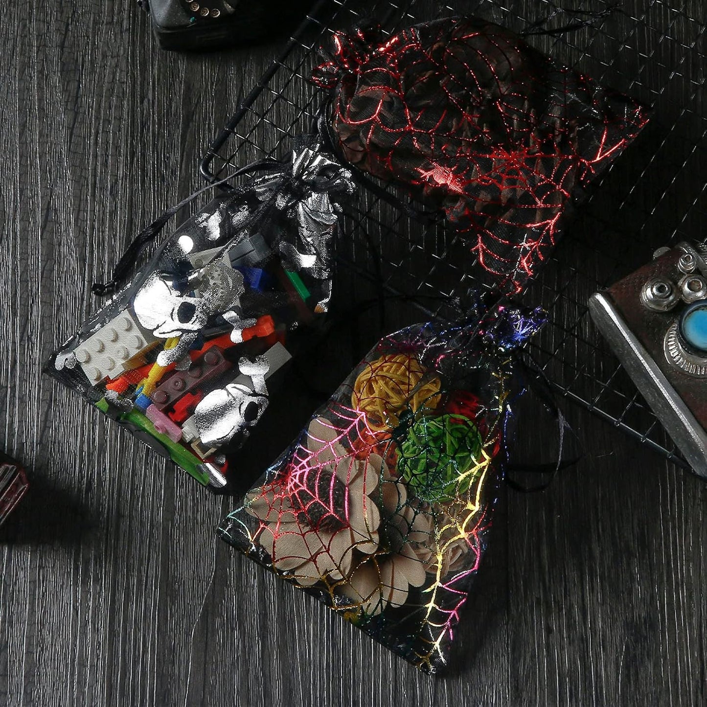 WenTao Halloween Organza Bags, Black Spider Web Favor Gift Bags with Drawstring, 4 x 6 inches Jewelry Gift Bags for Christmas, Halloween, Festival, Pouches Candy Mesh Pouches