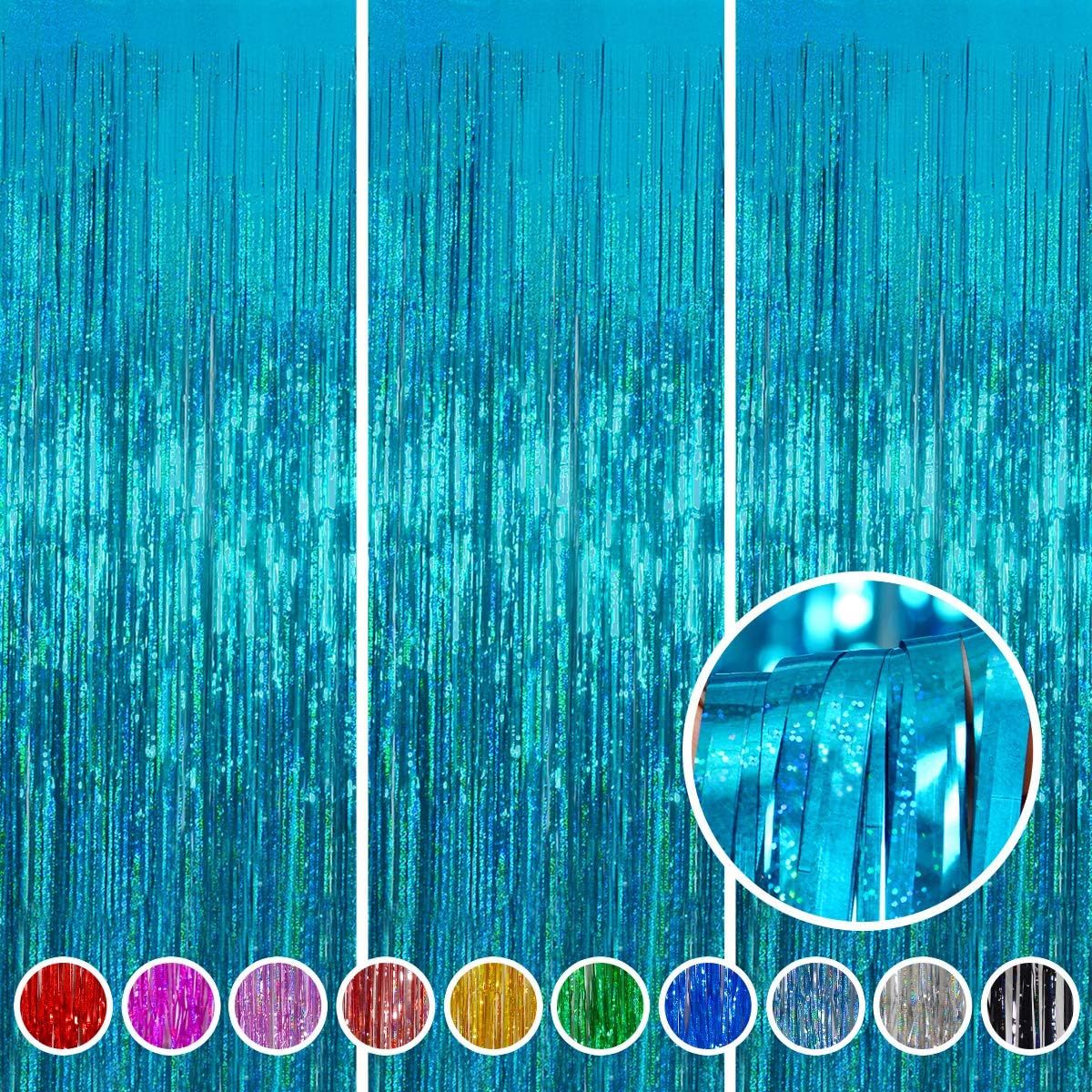 Foil Fringe Curtains Party Decorations - Melsan 3 Pack 3.2 x 8.2 ft Tinsel Curtain Party Photo Backdrop for Birthday Party Baby Shower or Graduation Decorations April fool's Day Decorations Teal