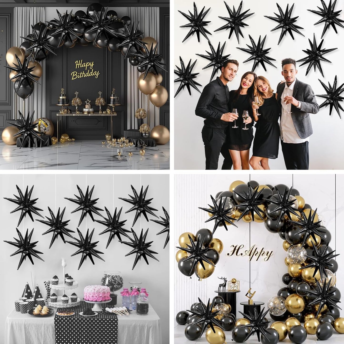 Black Star Balloons,9Pcs 22Inch Black Explosion Spike Cone Helium Polyester Film Star Foil Balloons for Birthday Anniversary Baby Shower Wedding Disco Party Decorations