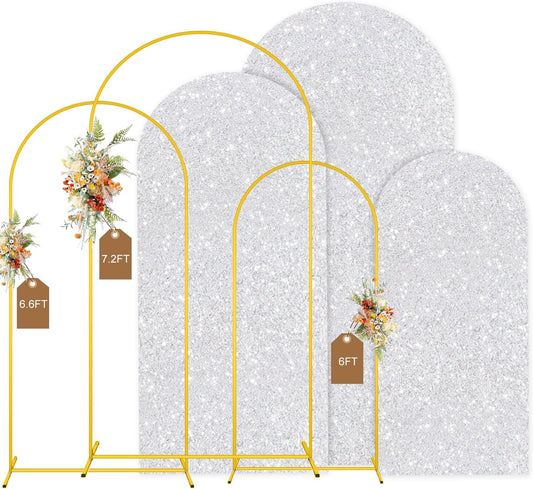 MODFUNS Arch Backdrop Stand and Cover Set 6&6.6&7.2ft Silver Sequins Arch Covers Set of 3 Gold Arched Backdrop Stands Chiara Arches Cover for Party Baby Shower Banquet Wedding Decoration
