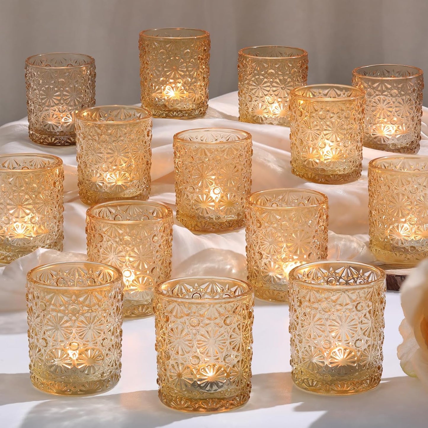 Gold Votive Candle Holder Set of 36, Flower Tea Lights Candles Holders for Wedding Table Centerpieces, Birthday Parties, Anniversary, Bridal Shower and Holiday Decorations