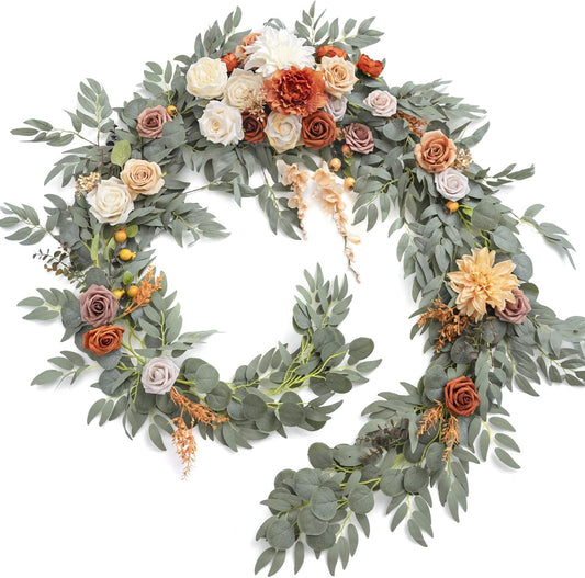 Ling's moment Fall 9FT Flower Garland for Backdrop Decorations - Wedding Arch Flowers, Eucalyptus & Rose, Artificial Floral Garland for Mantle - Sweetheart Table Decor for Ceremony, Terracotta