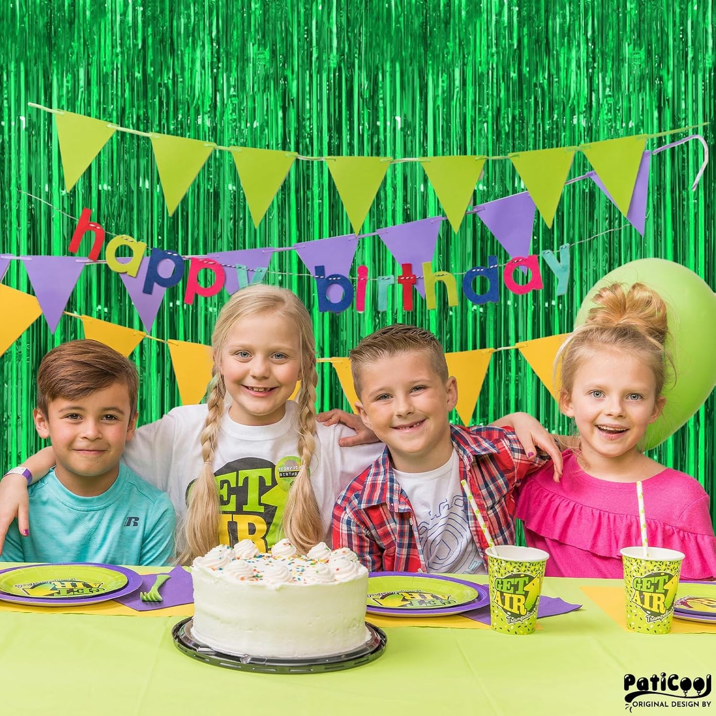 Green Streamers Party Decorations - Thicken 4 Pack 3.2 x 8.2 FT - Tinsel Foil Fringe Curtains Party Backdrop for Birthday, Dinosaur, Jungle, Football, Golf Party Decorations