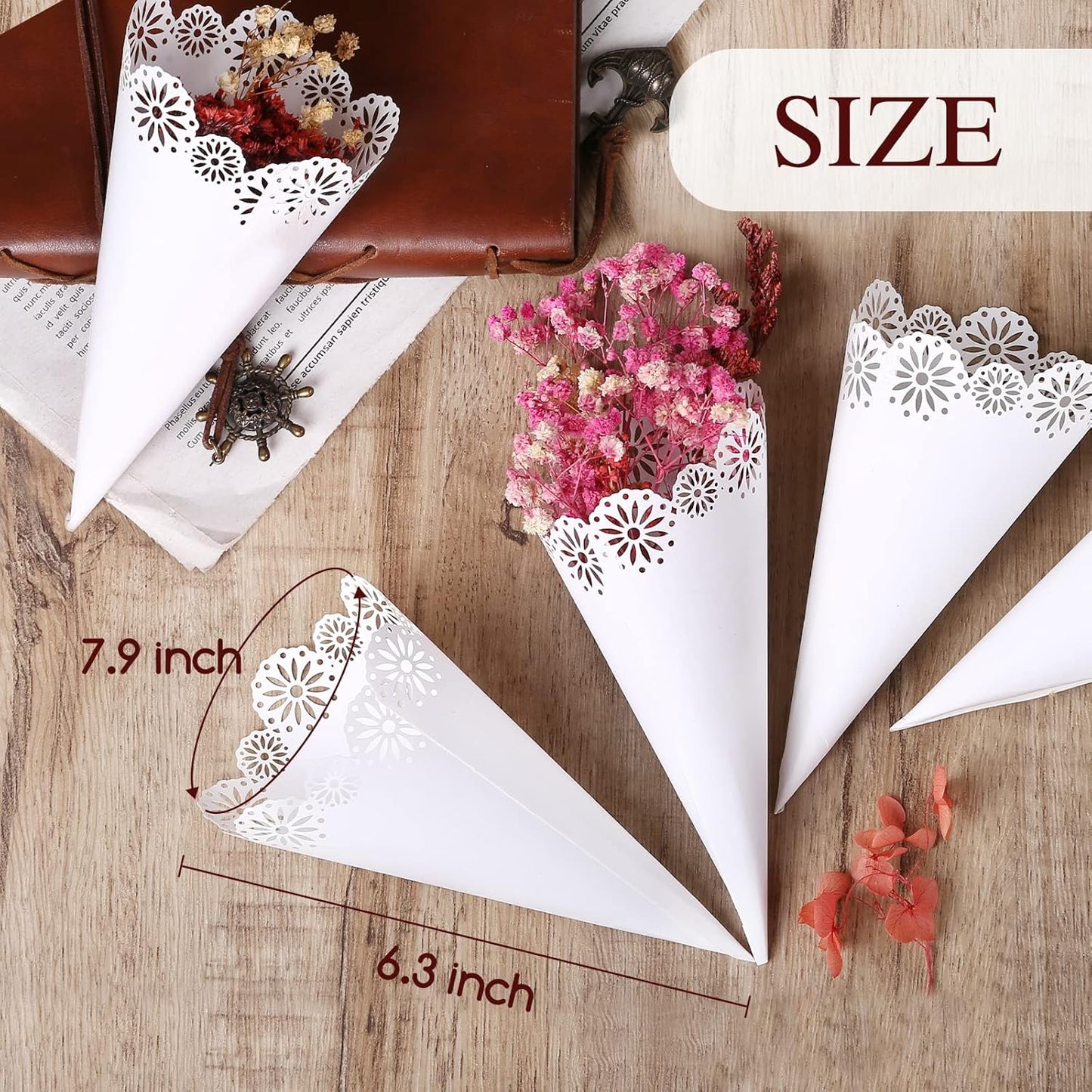 Yinsun 60pcs Wedding Confetti Cones White Hollow Paper Cone, Flower Pattern Confetti Lace Paper for Small Bouquet Rose Petal Candy Wedding Party