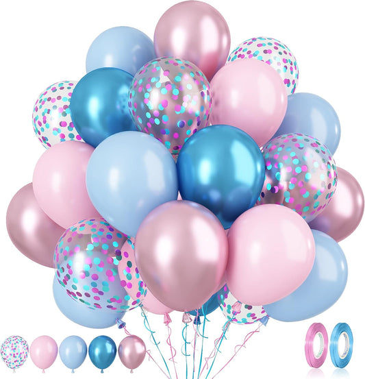 Paready Macaron Pink and Blue Balloons, 60 Pcs 12 Inch Baby Shower Party Balloons, Metallic Blue Pink Balloons for Gender Reveal Birthday Baby Shower Wedding Bridal Shower Party Graduation Decoration