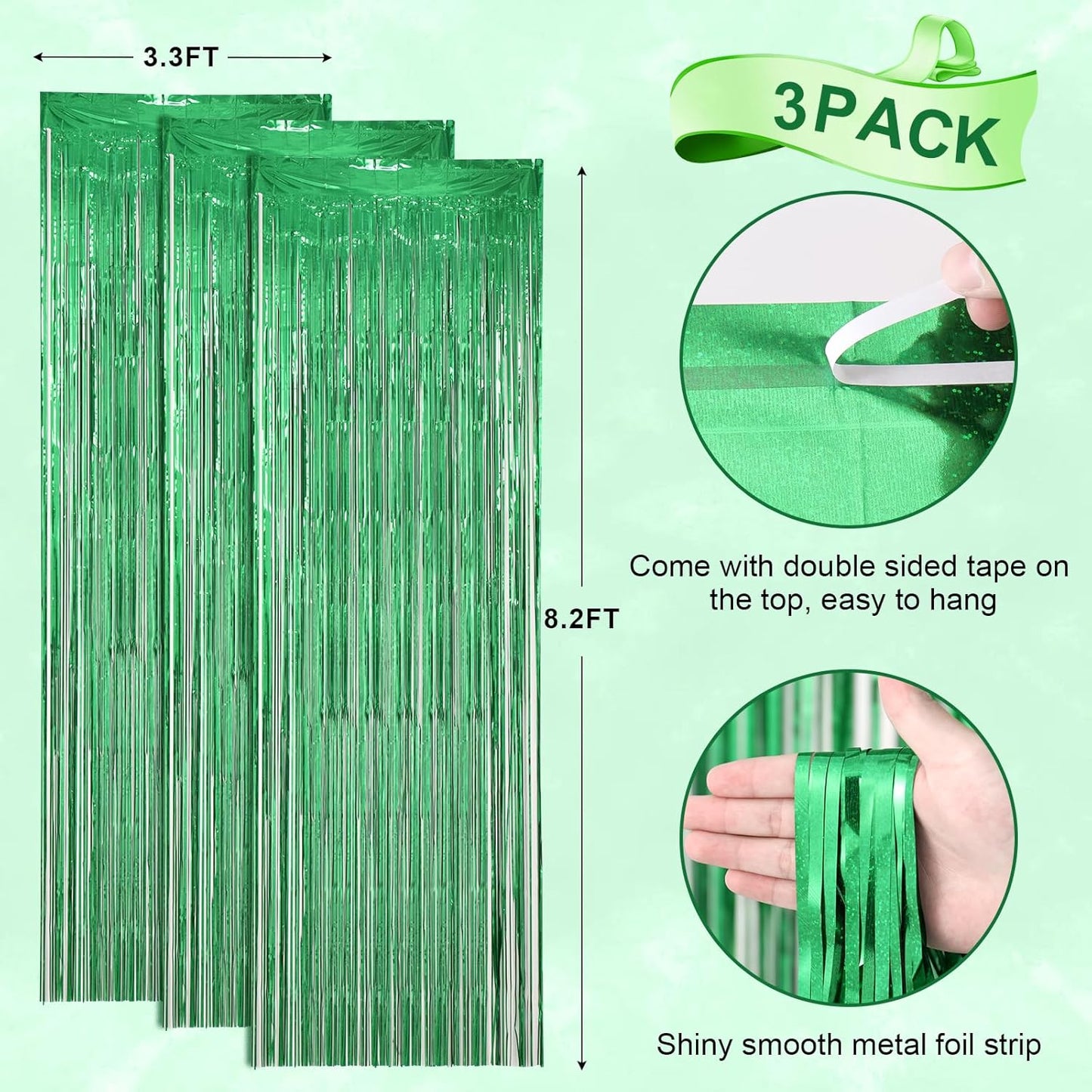 3 Pack 3.3 x 8.2 ft Laser Green Foil Fringe Backdrop Curtains, Tinsel Streamers Birthday Party Decorations, Fringe Backdrop for Graduation, Baby Shower, Gender Reveal, Disco Party