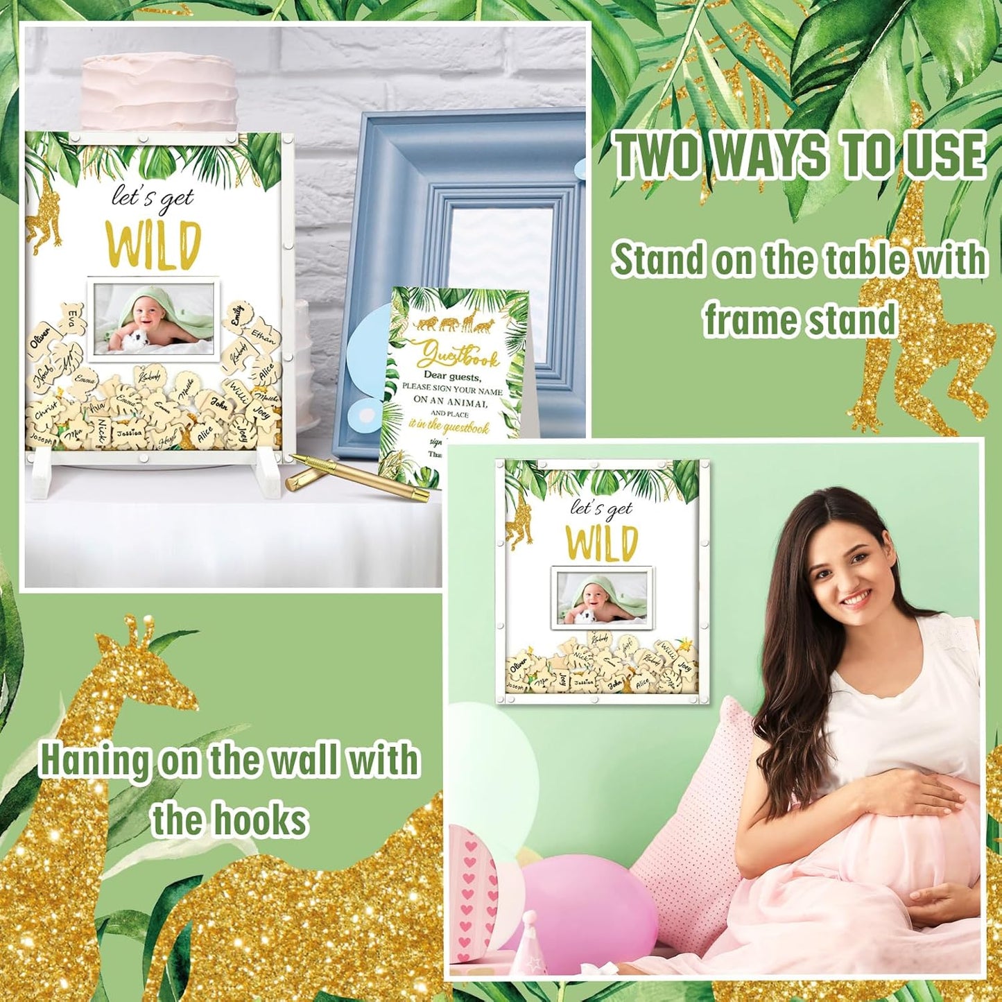 65 Pcs Jungle Animal Baby Shower Guest Book Alternatives He or She Gender Reveal Baby Shower Decorations Sign in Guest Book with Picture Frame and 60 Wooden Chip Let's Get Wild Decorations