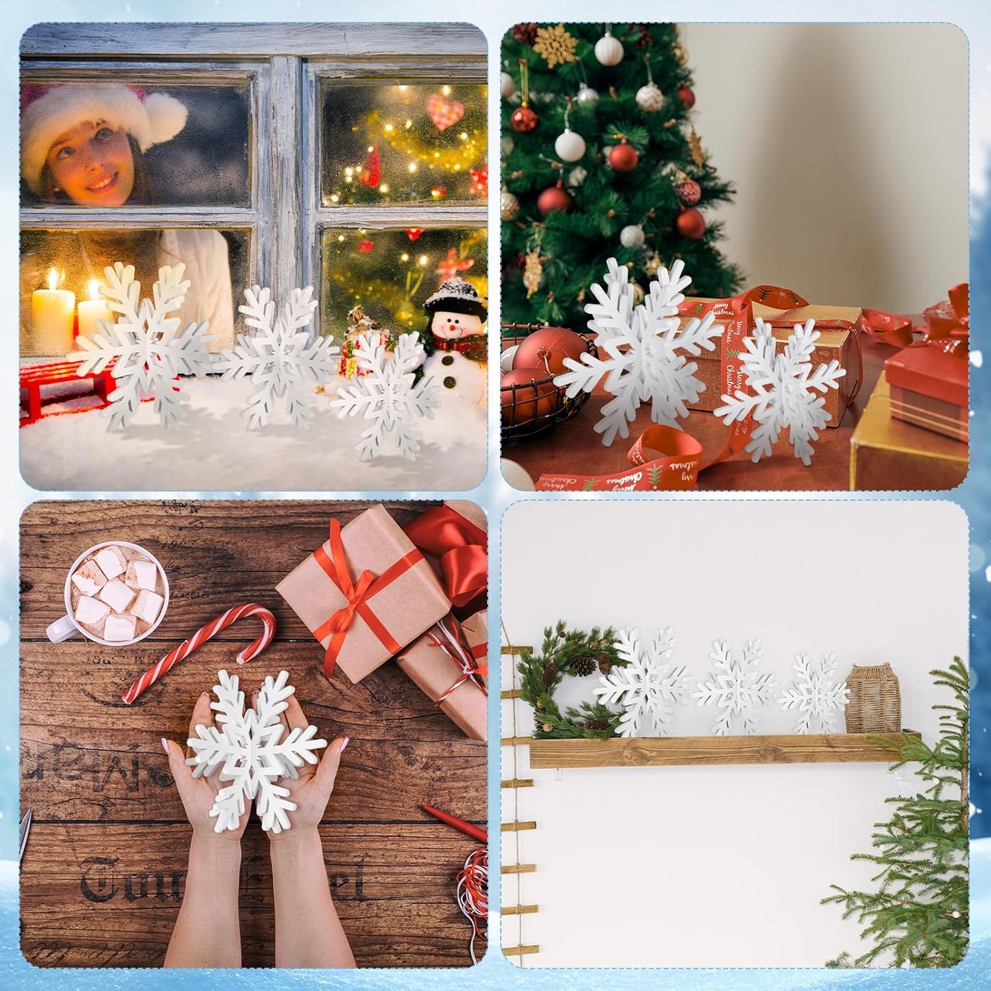 Qunclay 20 Pcs Wooden Snowflake Decorations 3D Snowflake Tabletop Decor Christmas Signs and Centerpiece for Winter Wonderland Decorations Xmas Tiered Tray Decor(White)