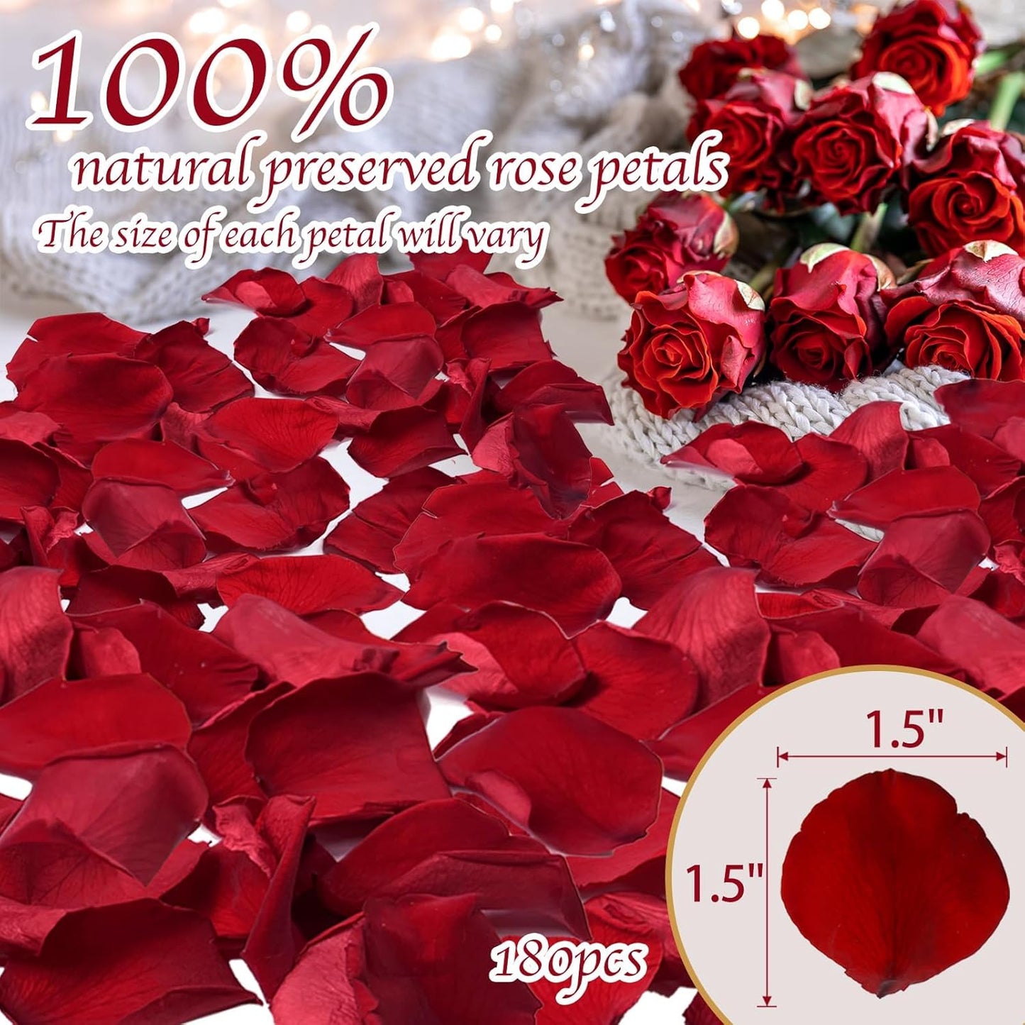 180 PCS Dried Real Red Rose Flower Petals Confetti for Wedding, 1.75oz Preserved Freeze Petals for Romantic Night Wedding Proposal Valentine's Day Centerpeice Decor