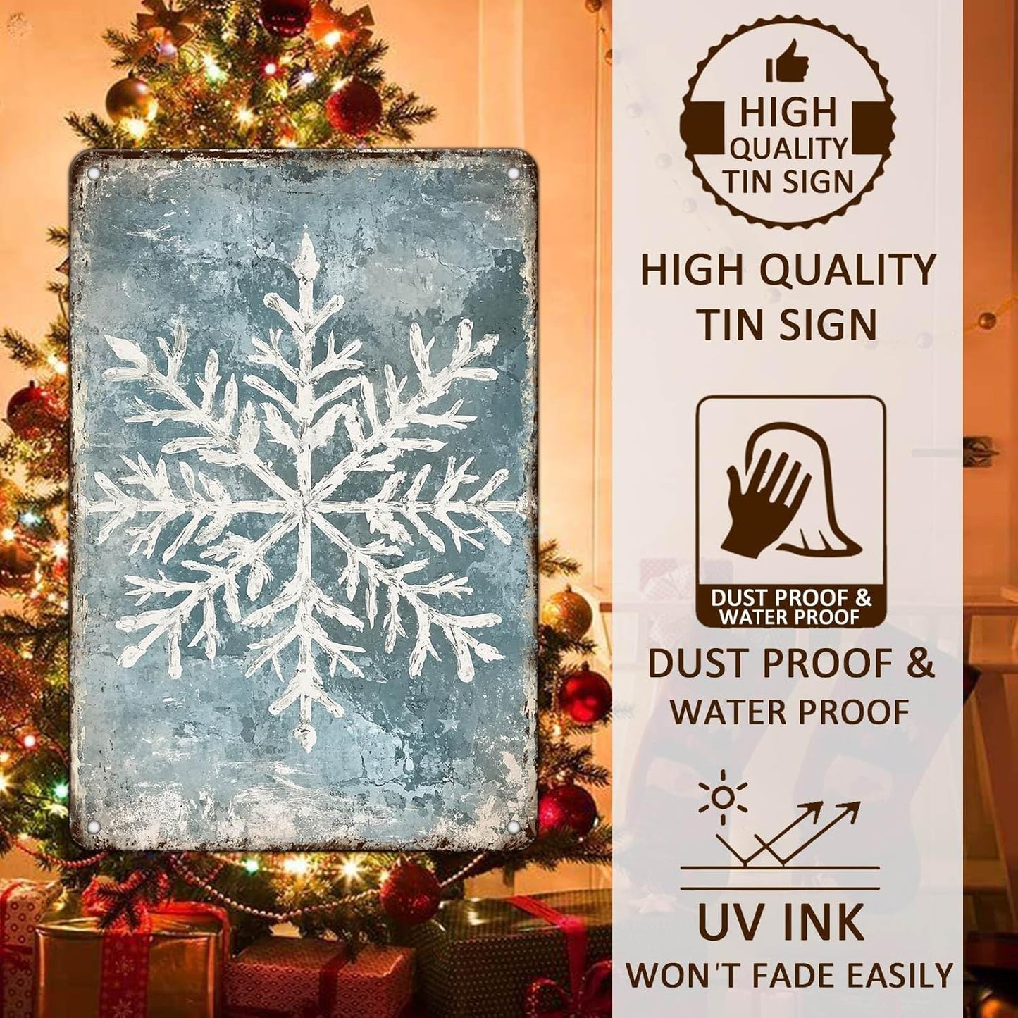 Vintage Christmas Tin Sign - Winter Snowflakes Metal Tin Sign - Wall Decor Sign for Outdoor Snowflake Christmas Decoration - 8x12Inch