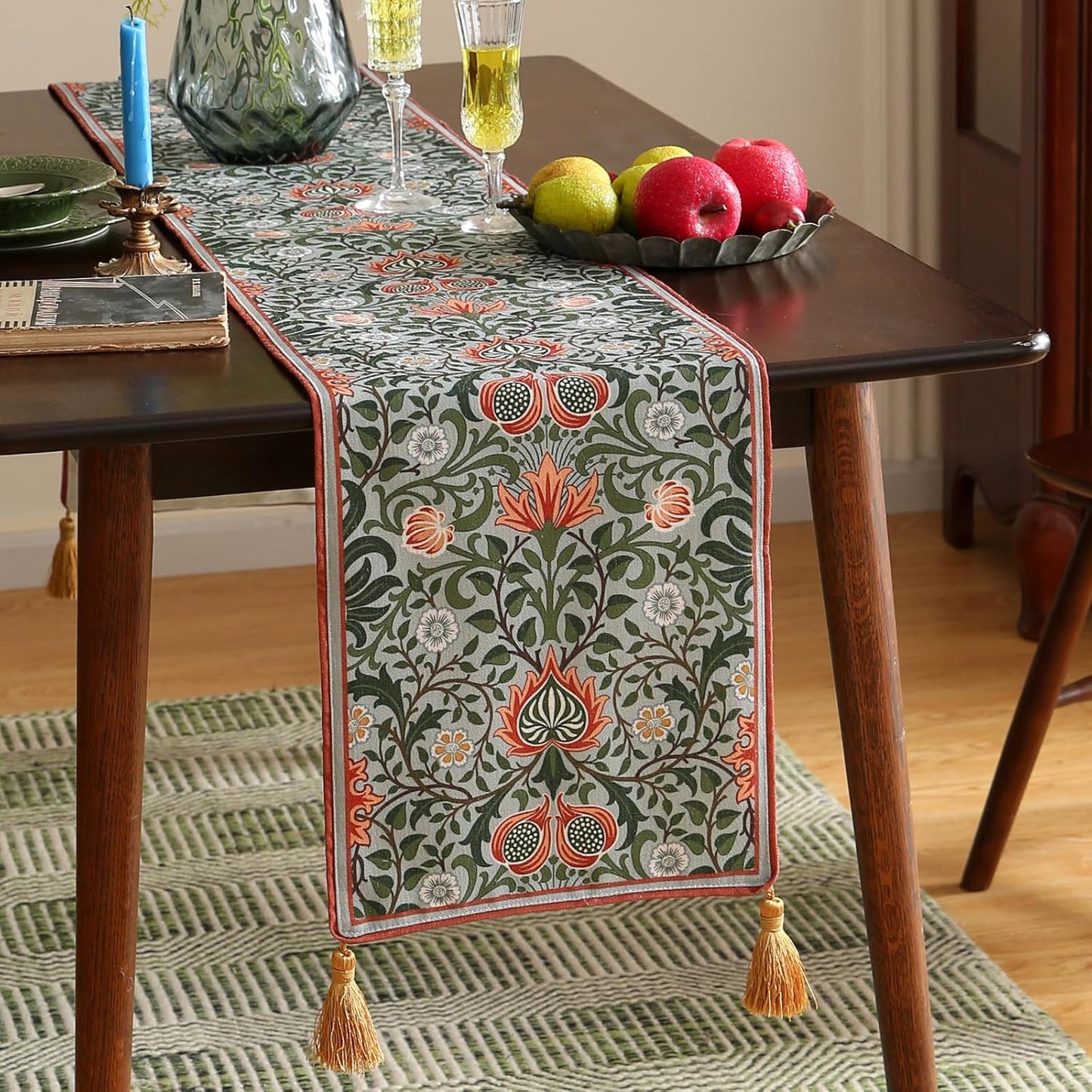 ISAENNE Designer French Green Elegant Linen Table Runner 87 Inches Long,Colorful Flower Pattern Soft Table Runners for Dining Tables,Thanksgiving,Kitchen Tables,Christmas,12"*87"-Naples B