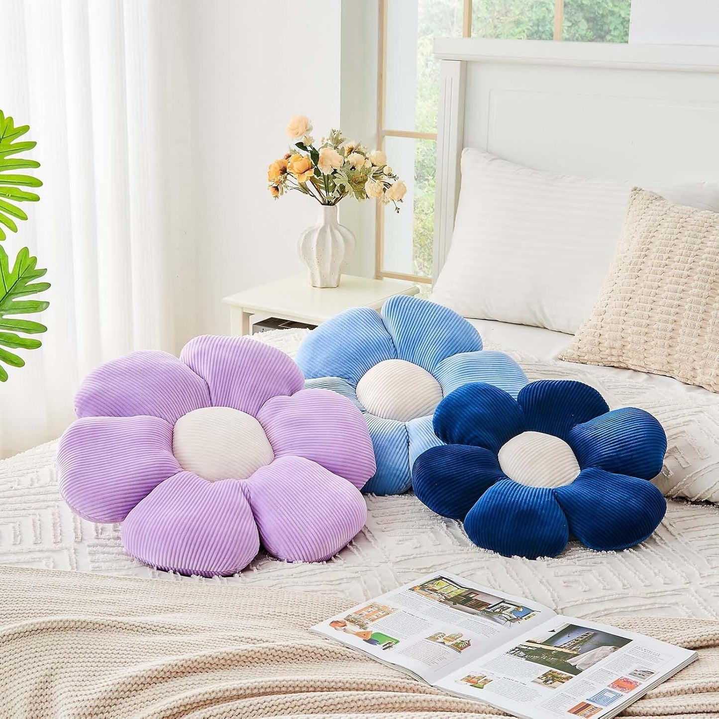 Dusty Blue Flower Pillow, 14.9" Cute Flower Shaped Floor Pillow, Aesthetic Floral Plush Daisy Decorative Throw Pillows for Bed Sofa Couch