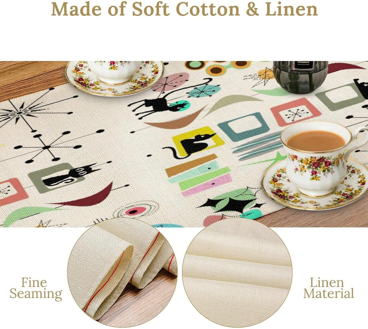 Colorful Geometric Table Runner,Vintage Mid Century Cute Cat Abstract Morden Print Tablecloth Burlap for Hotel Indoors Outdoor Dining Room Kitchen Home Decor, 13x70in