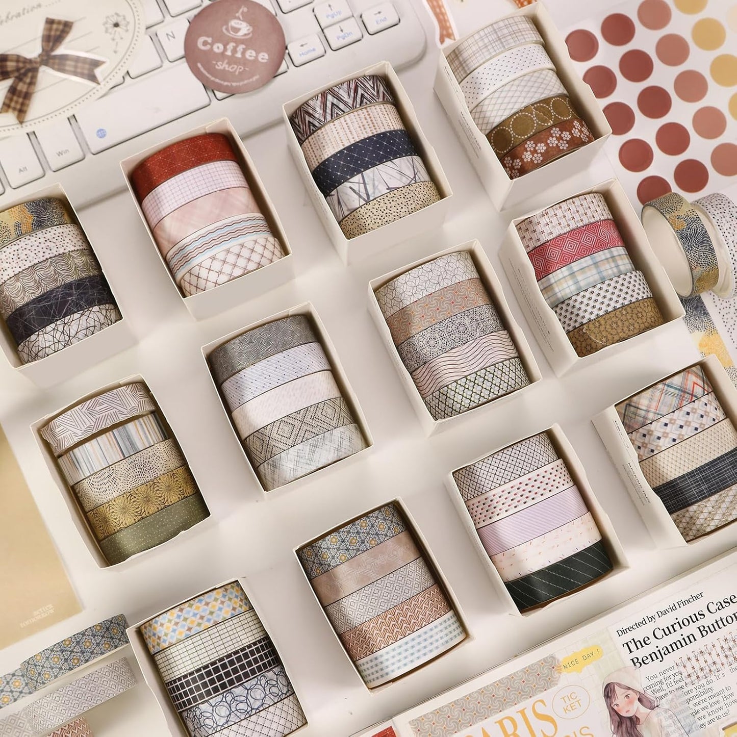 YUBBAEX 60 Rolls Value Washi Tape Pack Retro Arts Masking Tape Basic Patterns Decorative for DIY Crafts, Bullet Journal Supplies, Planners, Scrapbook, Card/Gift Wrapping (Basic Geometry)