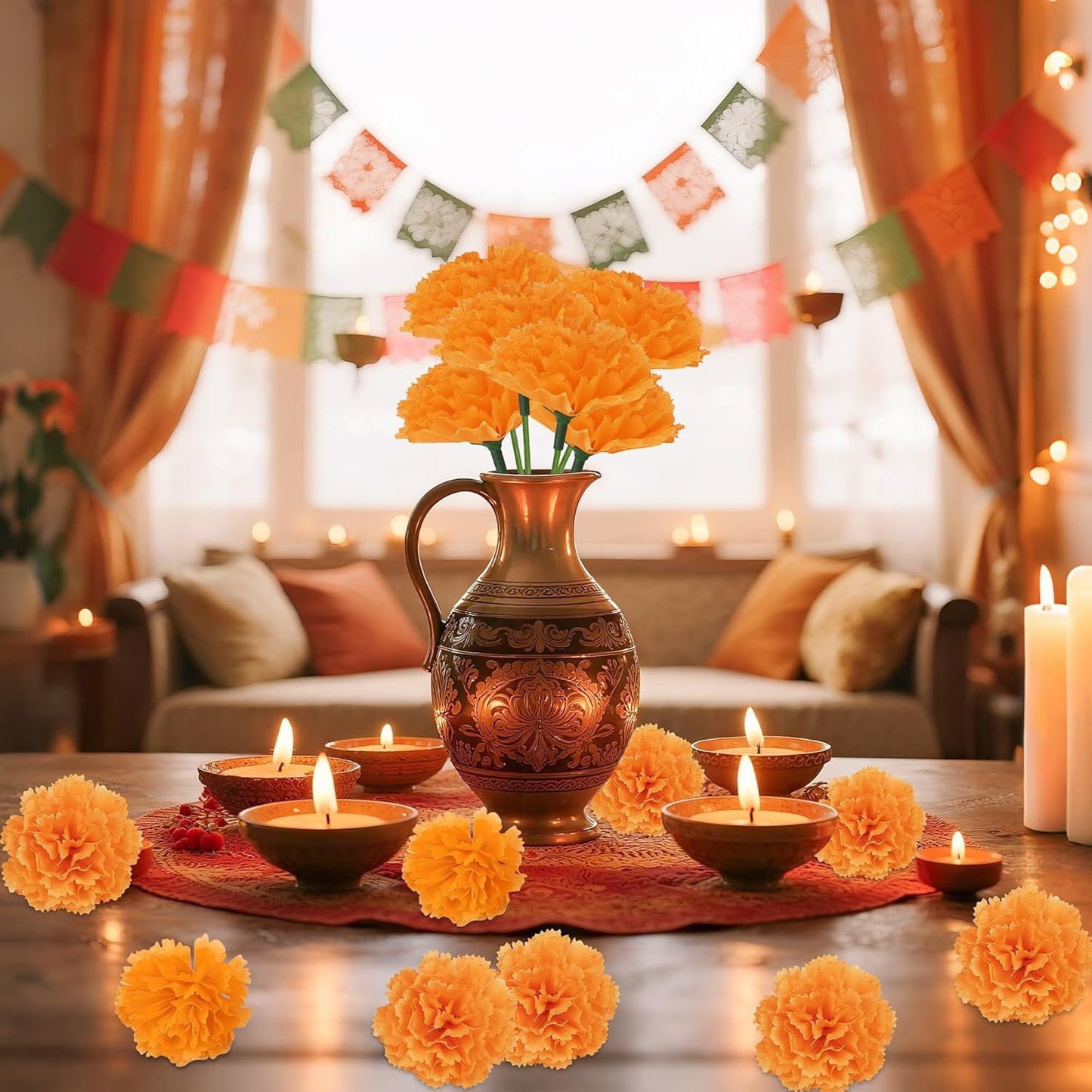 30 Pcs Artificial Marigold Flowers,3.54" Silk Marigold Flower Heads with Stems,Orange Flowers Artificial for Diwali Decor,Indian Wedding,Home,DIY Wreath Garland,Day of The Dead Decorations