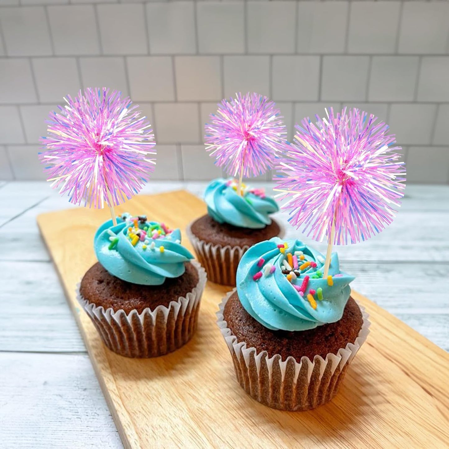 Ephlyn 30Pcs Foil Firework Cupcake Toppers Party Birthday Cake Toppers Supplies Sparkle Tinsel Cocktail Fruit Toothpick for Birthday Wedding Graduation Party Rose Red