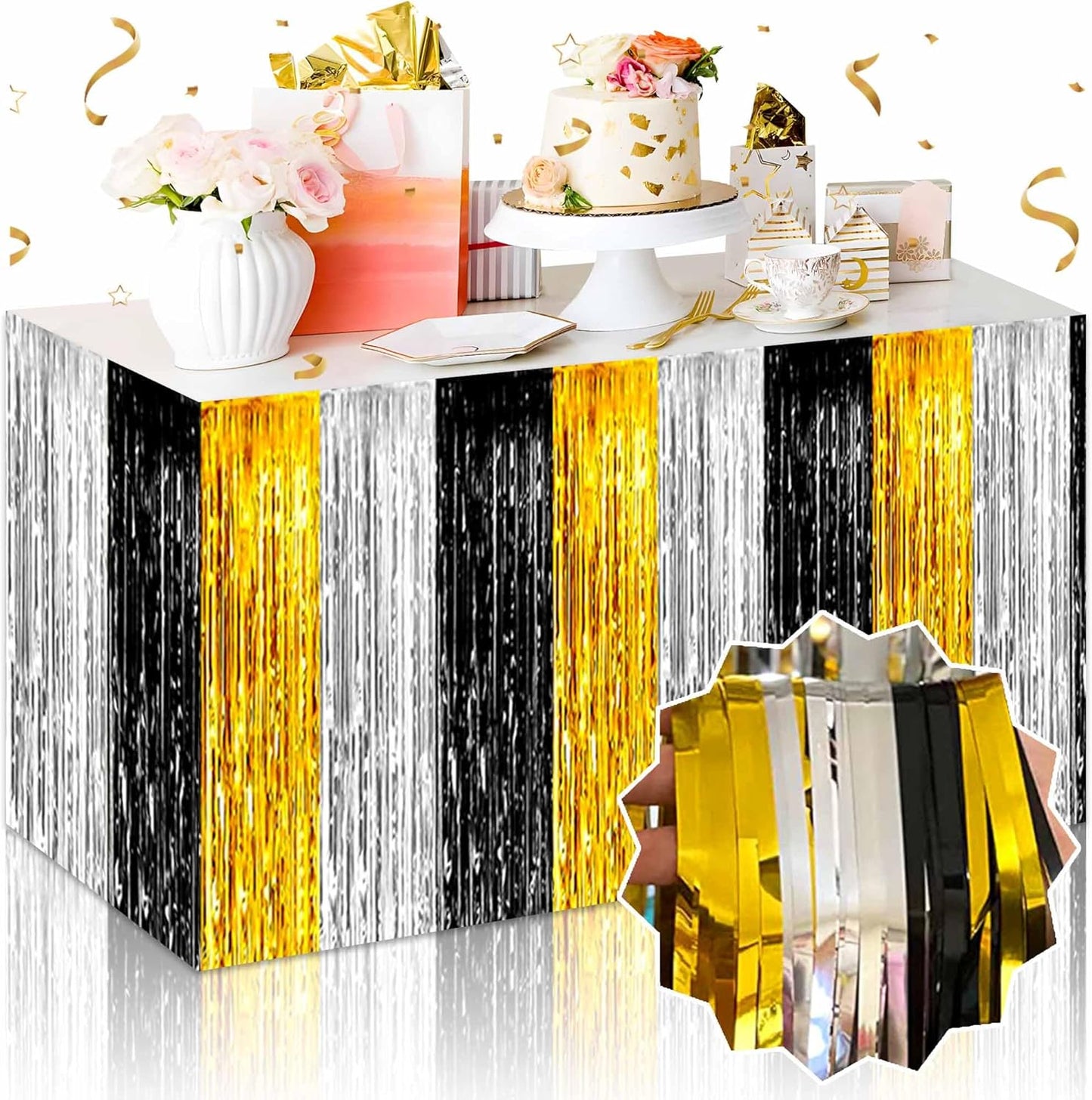 3 Pack Black Gold Silver Foil Fringe Table Skirts Metallic Tinsel Streamers Garland Banner Backdrop for Table Decor, Parade Float, Birthday, Wedding, Halloween, Christmas Party Decorations(29x108 In)