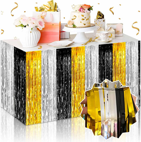 3 Pack Black Gold Silver Foil Fringe Table Skirts Metallic Tinsel Streamers Garland Banner Backdrop for Table Decor, Parade Float, Birthday, Wedding, Halloween, Christmas Party Decorations(29x108 In)